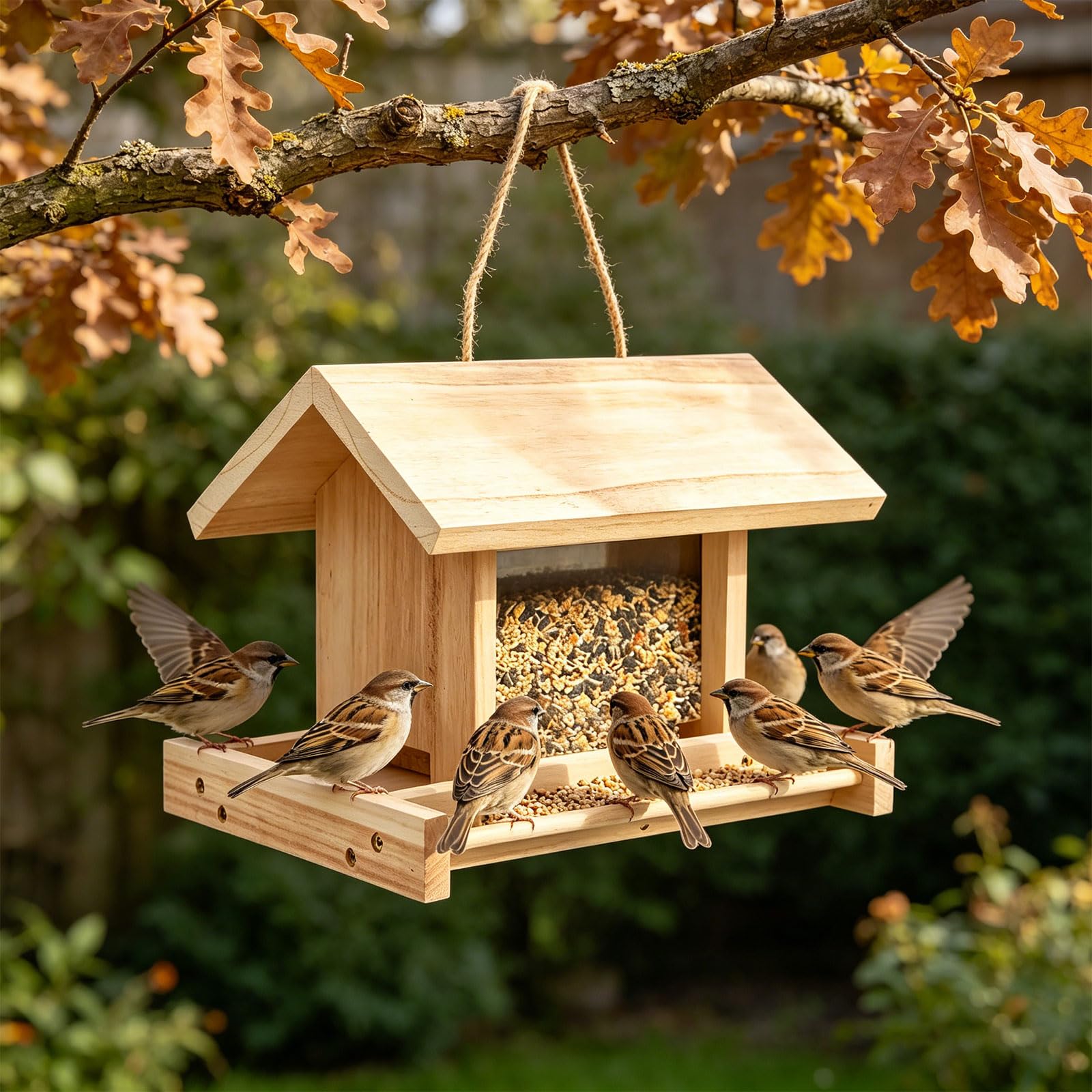 Vogelhaus aus Holz mit großem Fassungsvermögen und offenem Futterplatz und Schutzdach für den Außenbereich