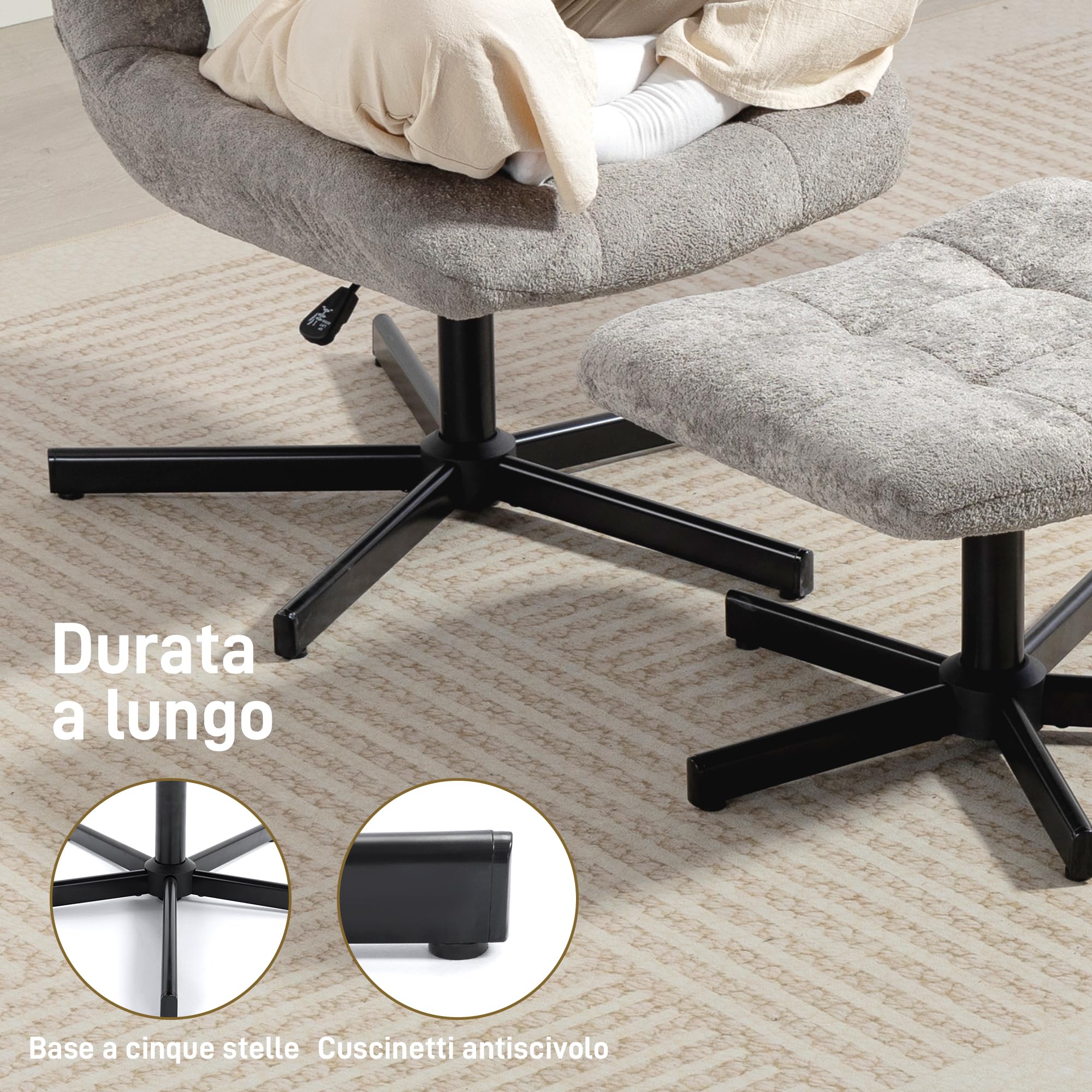 HOMCOM Poltrona Reclinabile su 4 Livelli Girevole 66x80x93-104 cm Grigio | Poggiapiedi Indipendente, Poltrona d'Arredo, Tessuto Effetto Velluto, per Soggiorno Camera da Letto Salotto