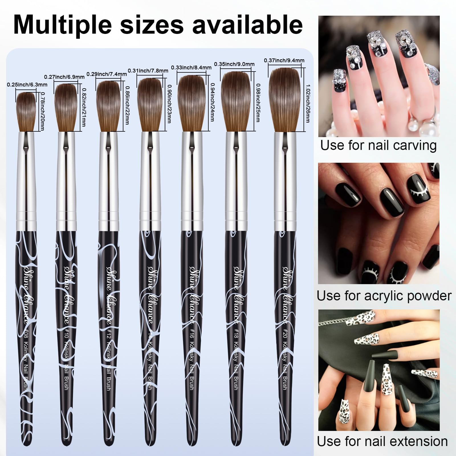 Pennello per nail art in acrilico, misura 20, 100% puro pelo Kolinsky ovale per applicazione acrilica, strumento professionale per extension per unghie, strumento per manicure, penna per disegno