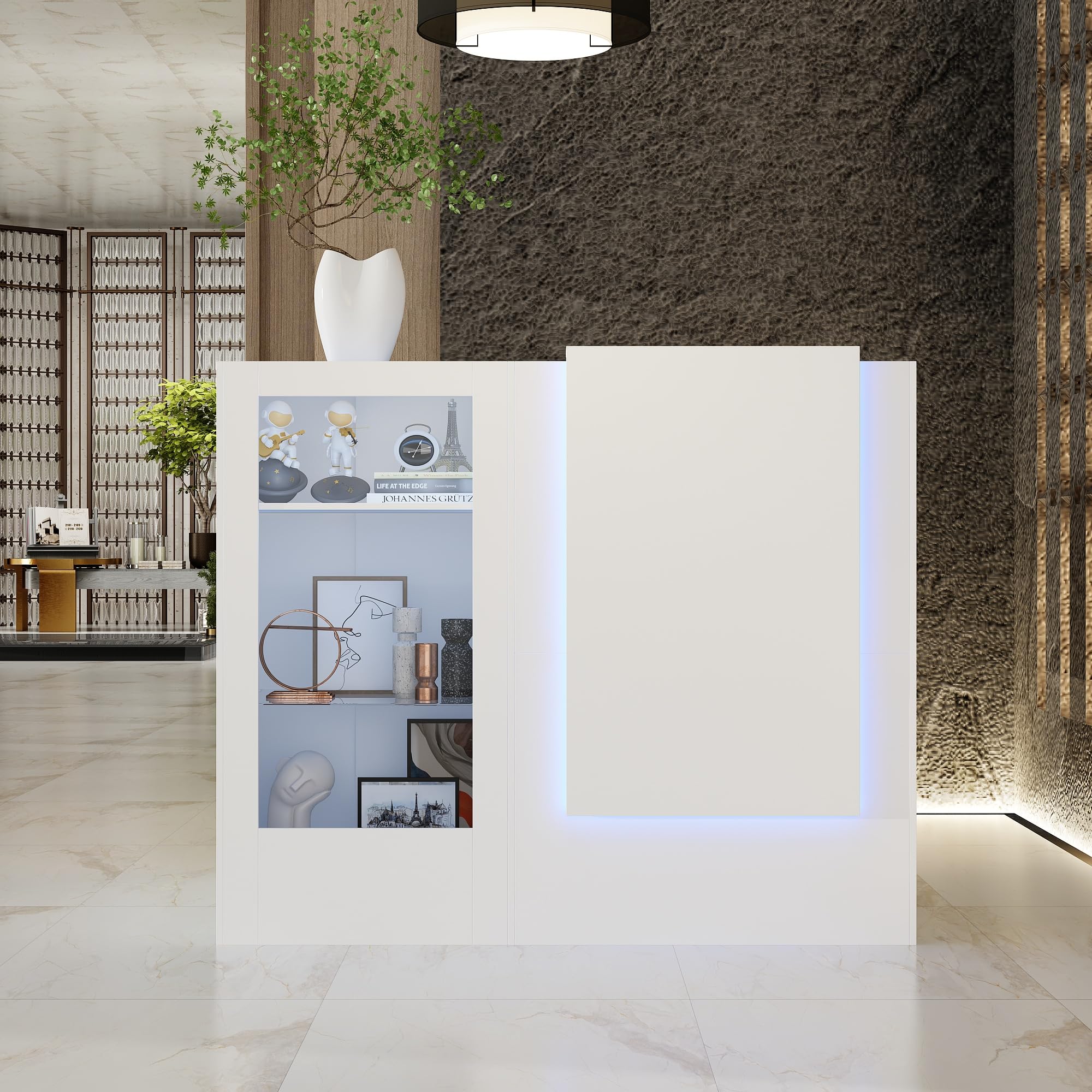 WOODTIME Reception Desk with Counter, Colored LED Light, Glass Front & Open Shelves, Retail Counter with Adjustable Glass Shelves, Checkout Front Desk