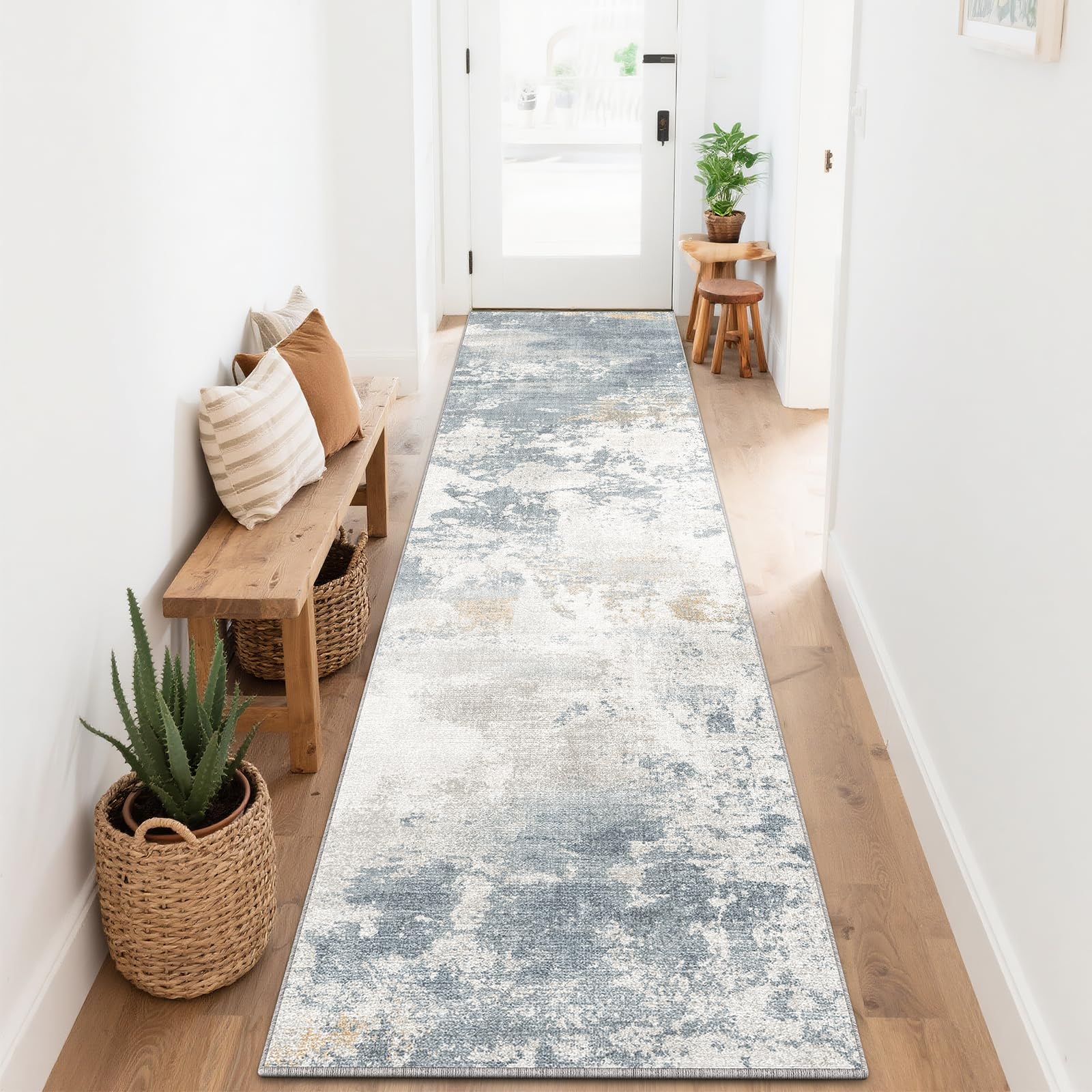 SOANNY Runner Rug, 80x240 cm Abstract Low Pile Carpet, Non-Slip Washable Area Mat for Bedroom, Hallway, Kitchen, Laundry, Entryway, Utility, Beside Sofa, Office, Blue Grey