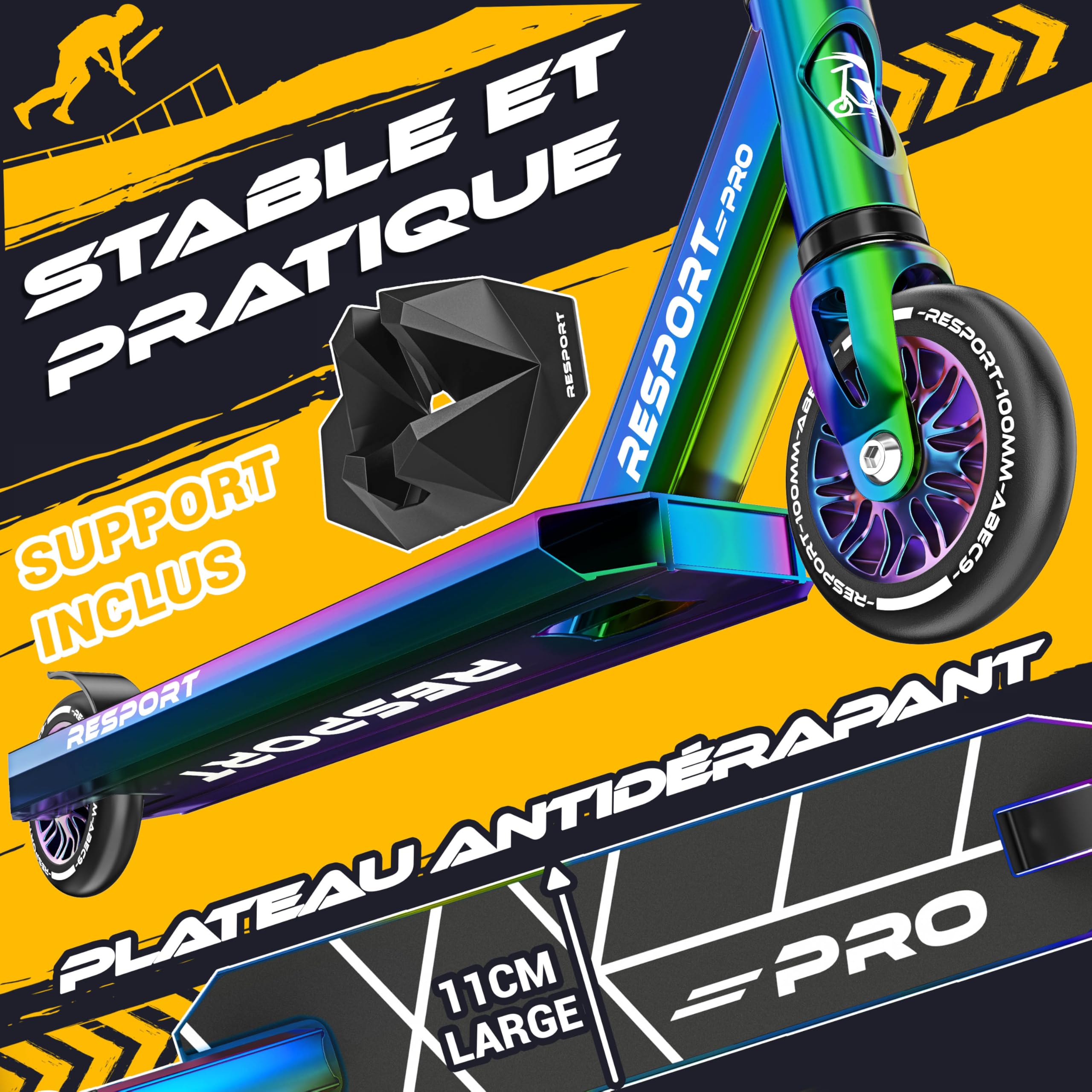 RE:SPORT Trottinette Stunt Revo Pro pour enfants et adultes, avec support, 110 mm, roues en PU et barre en Y, roulement à billes ABEC 9, trottinette cascade, trottinette cascade, trottinette freestyle