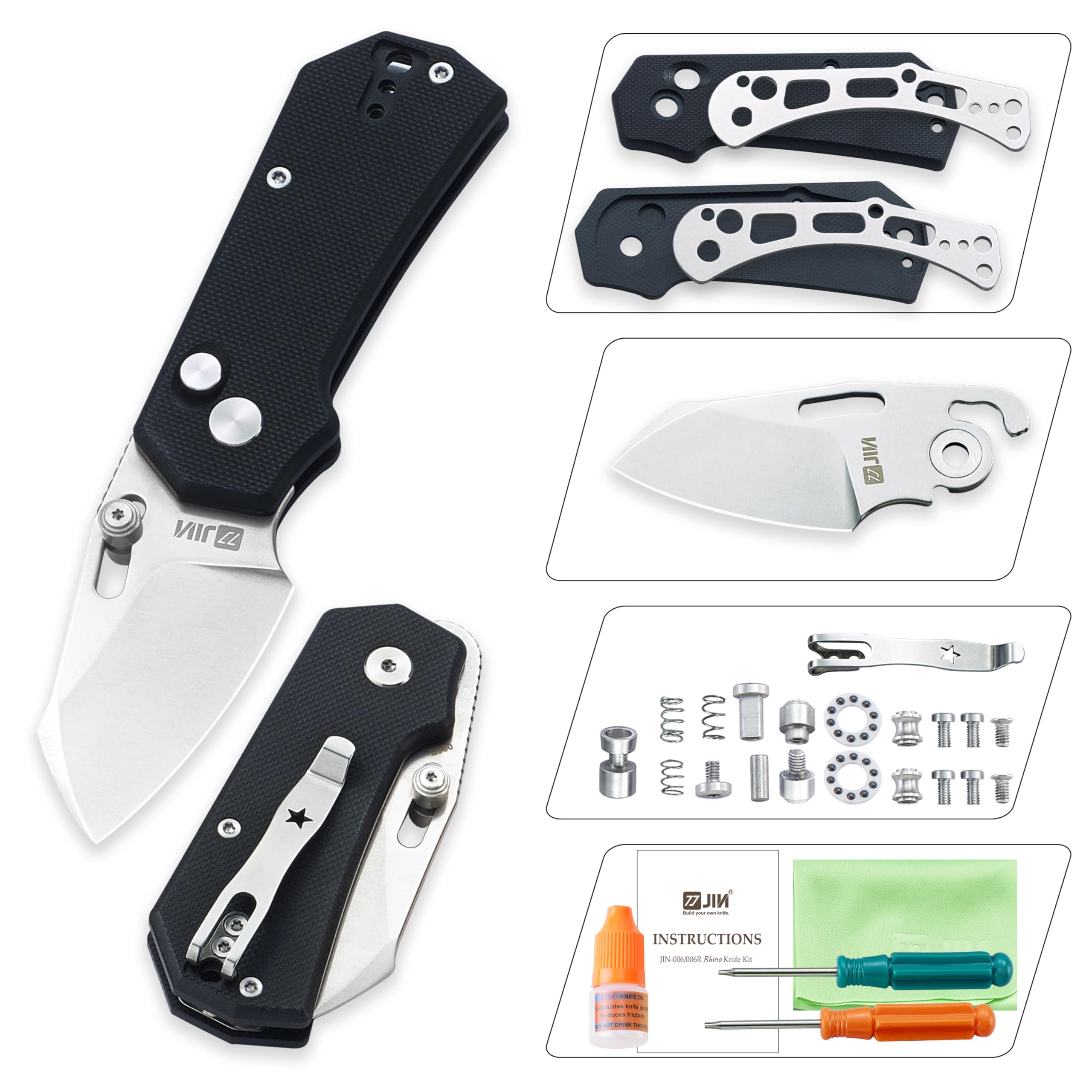 JIN Rhino Small Pocket Knife for Men, Button Lock EDC, DIY Folding Knife Kit, 2" 9Cr18Mov Satin Blade, Black G10 Handle, Birthday Gift for Men Women, Camping Knives