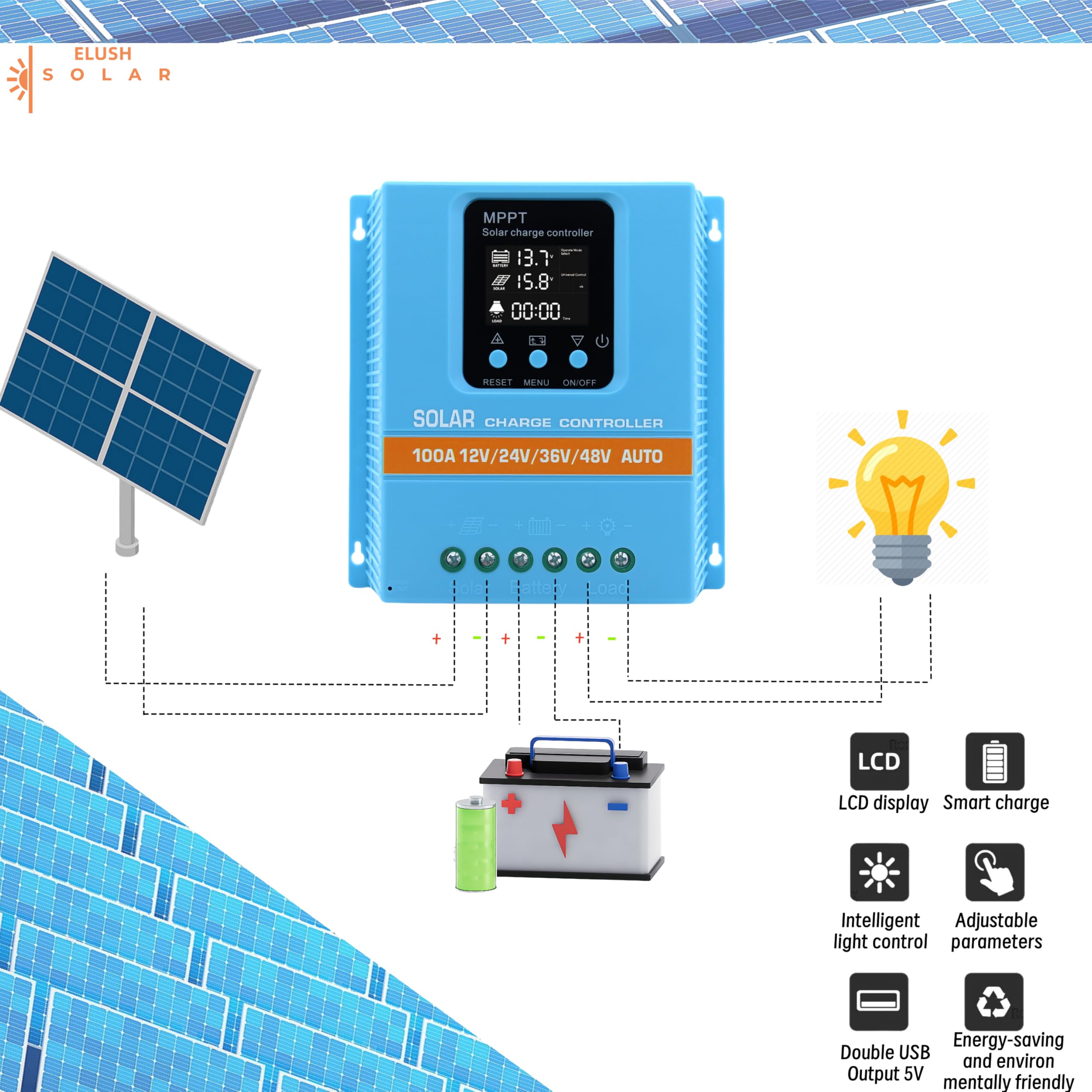 Verbesserter 100 A MPPT Solarladeregler, 12 V, 24 V, 36 V, 48 V, LCD-Display, Akku, intelligenter Regler, max. 100 V Eingang, Dual-USB für Blei-Säure/Lithium