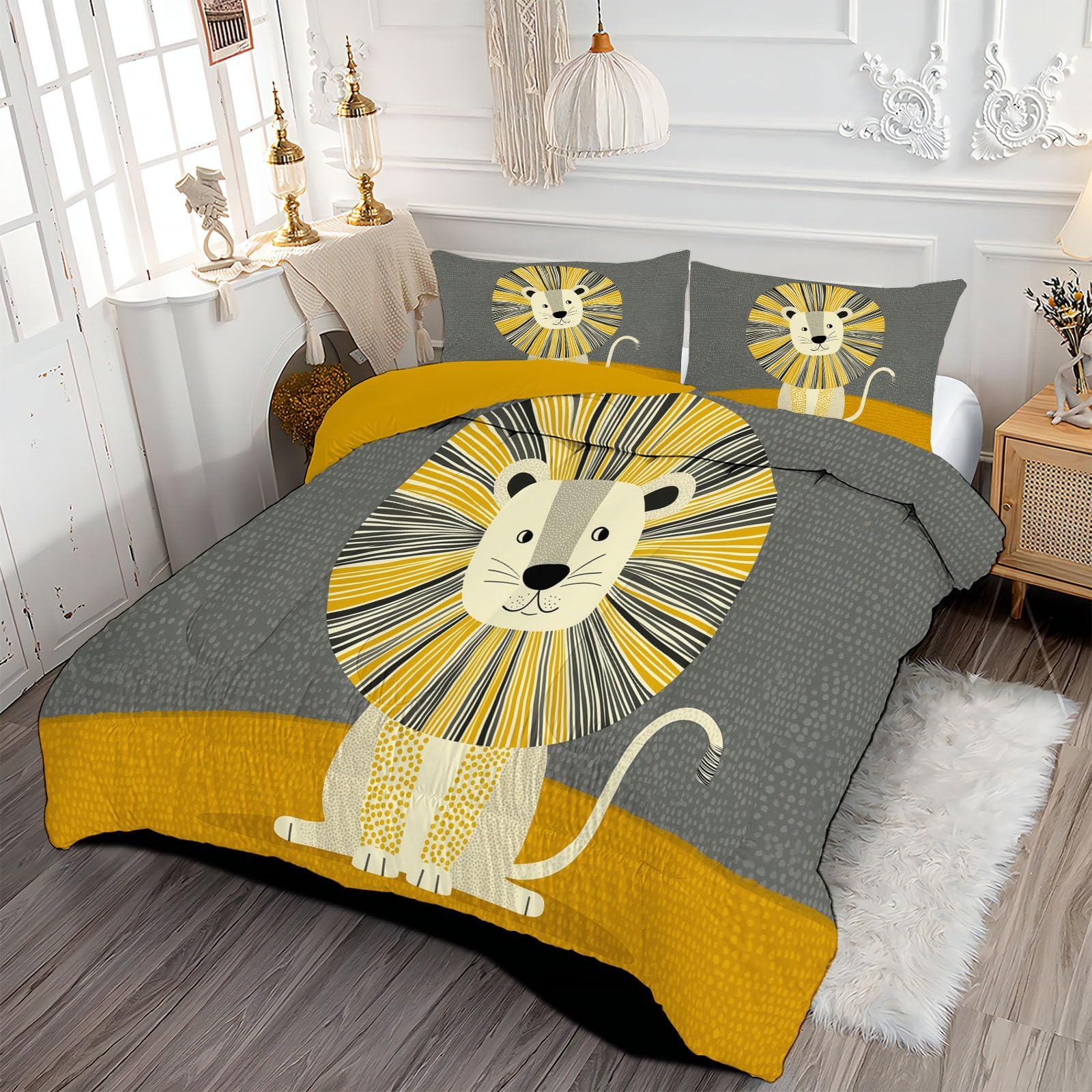 Trapunta Invernale in Ecopiuma, 240x220cm Set Piumone Bambino Imbottita 200 gr/mq Caldo e Morbido Piumino Trapuntato Leone Dei Cartoni Animati Coperta Letto Reversibile per 4 Stagioni, Giallo