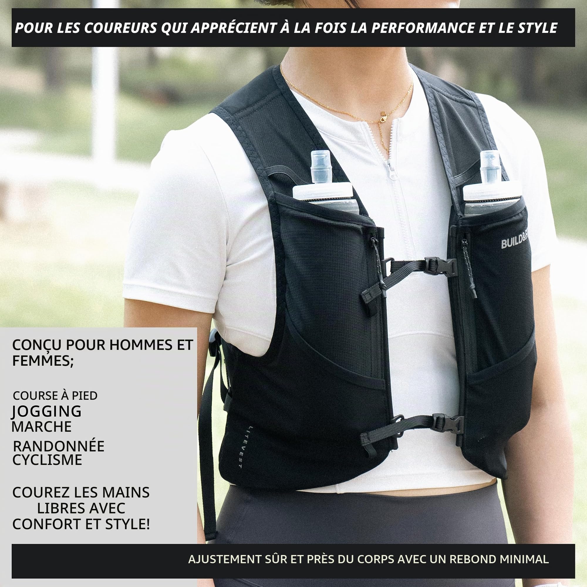 Gilet d'hydratation LITEVEST Build & Fitness avec 2 gourdes Souples de 500 ML – 7 Poches, Respirant, Confortable, sécurisé et élégant pour Le Trail, Les Marathons et Les Courses Quotidiennes