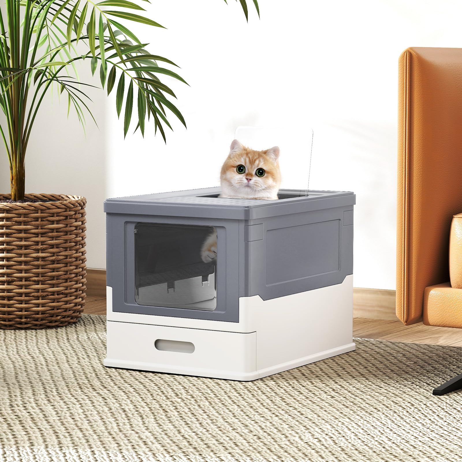 COSTWAY Arenero para Gatos Cubierto, Caja de Arena para Gatos Grande con Entrada Frontal y Salida Abatible, Bandeja Portátil, Cajón, Arenero Cerrado Plegable para Gato, 50x38x37 cm (Gris + Blanco)