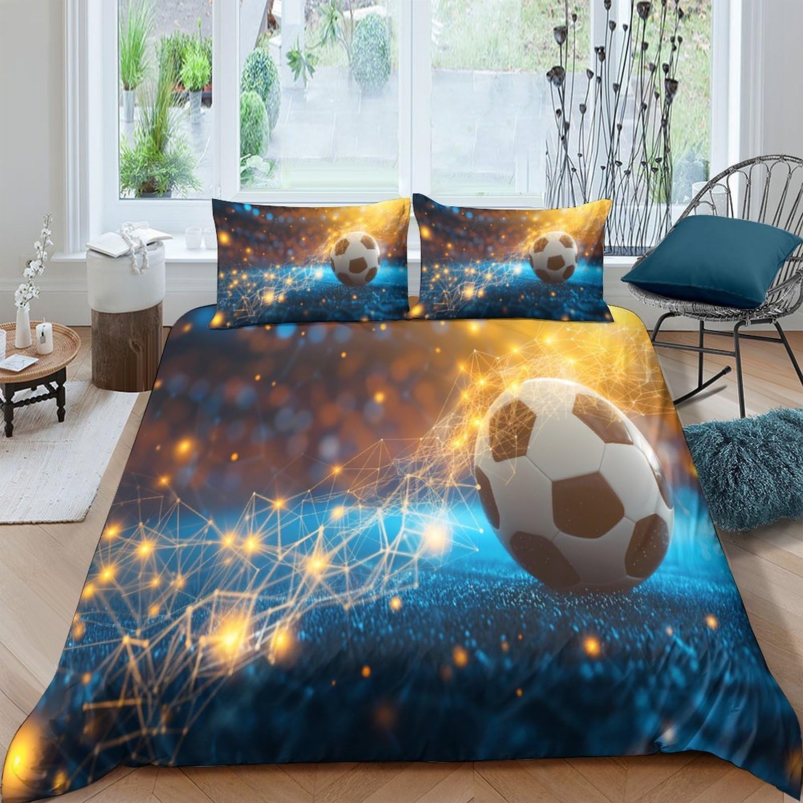 GPLZQXKJNH 3D Printed Football Stadium Duvet Cover Microfiber Soft Breathable Soccer Bedding Set with 2 Pillowcases for Bedroom Decor Single（135x200cm）