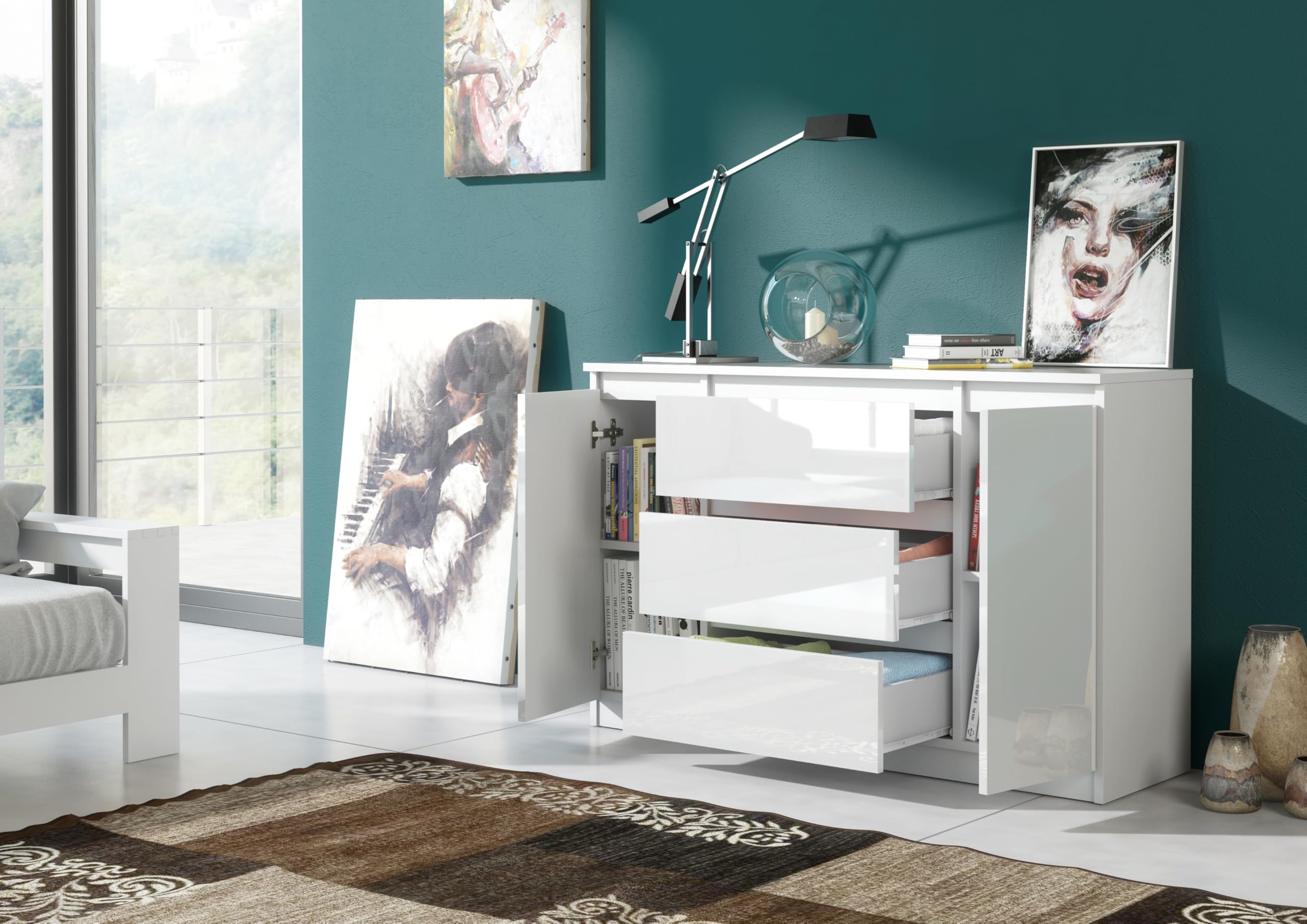 meble masztalerz Cassettiera Camera da Letto con 2 Ante e 3 Cassetti - Credenza Soggiorno - Moderna Comò - Cassettiera Alta - Mobiletto con Cassetti - Bianca Lucida 120 x 39 x 78,5 cm