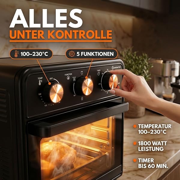 Sommertal Minibackofen 20 Liter mit Umluft & Heißluftfritteuse, Mini Backofen 1800W zum Backen, Grillen & Pizza, Tischbackofen klein mit Airfryer Funktion, 100–230°C, 60 Min. Timer, inkl. Zubehör - 4