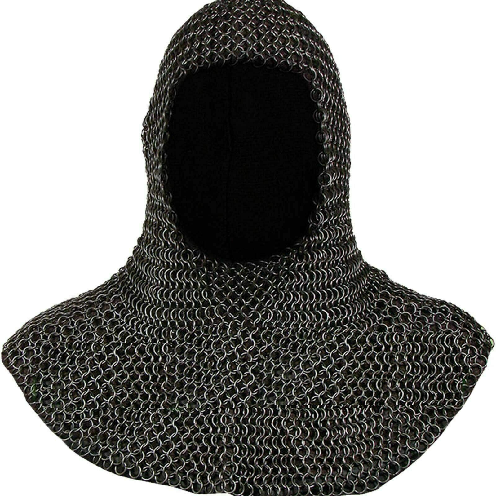 AnNafi® Chainmail Coif Iron Steel U-Neck Chain Mail Hood | Medieval Templar Crusader Re-enacment Armor Costume | Black Coif Armour | Wearable For Adult | Replica Costumes For SCA LARP Reenactment