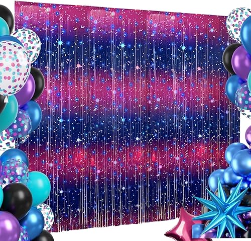 Miniatura 8 de 3 piezas de cortinas de papel de aluminio con temática de galaxia para decoraciones de fiesta espacial, 3.3 x 6.6 pies, cortinas de oropel azul