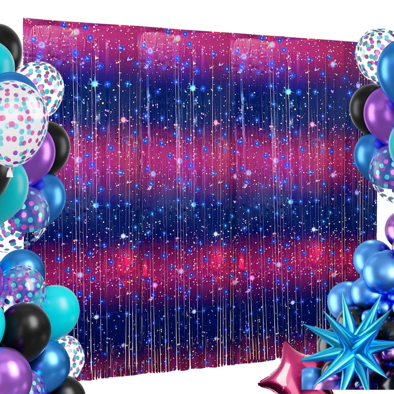 Photo 1 of Vagilelf 3 PCS Purple Galaxy Foil Curtains Backdrop for Space Themed Party Decorations, 3.3 x 6.6 ft Pink Tinsel Curtains, Foil Fringe for Photo Booth, Outer Space Birthday or Party
