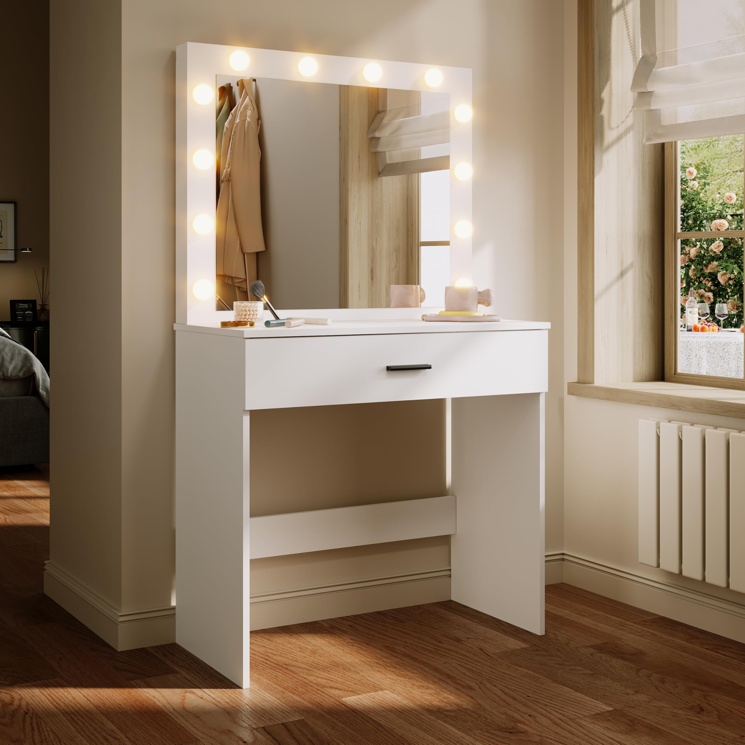 ELEGANT White Dressing Table with LED Mirror Lights, 3 Modes, 40x80x140cm