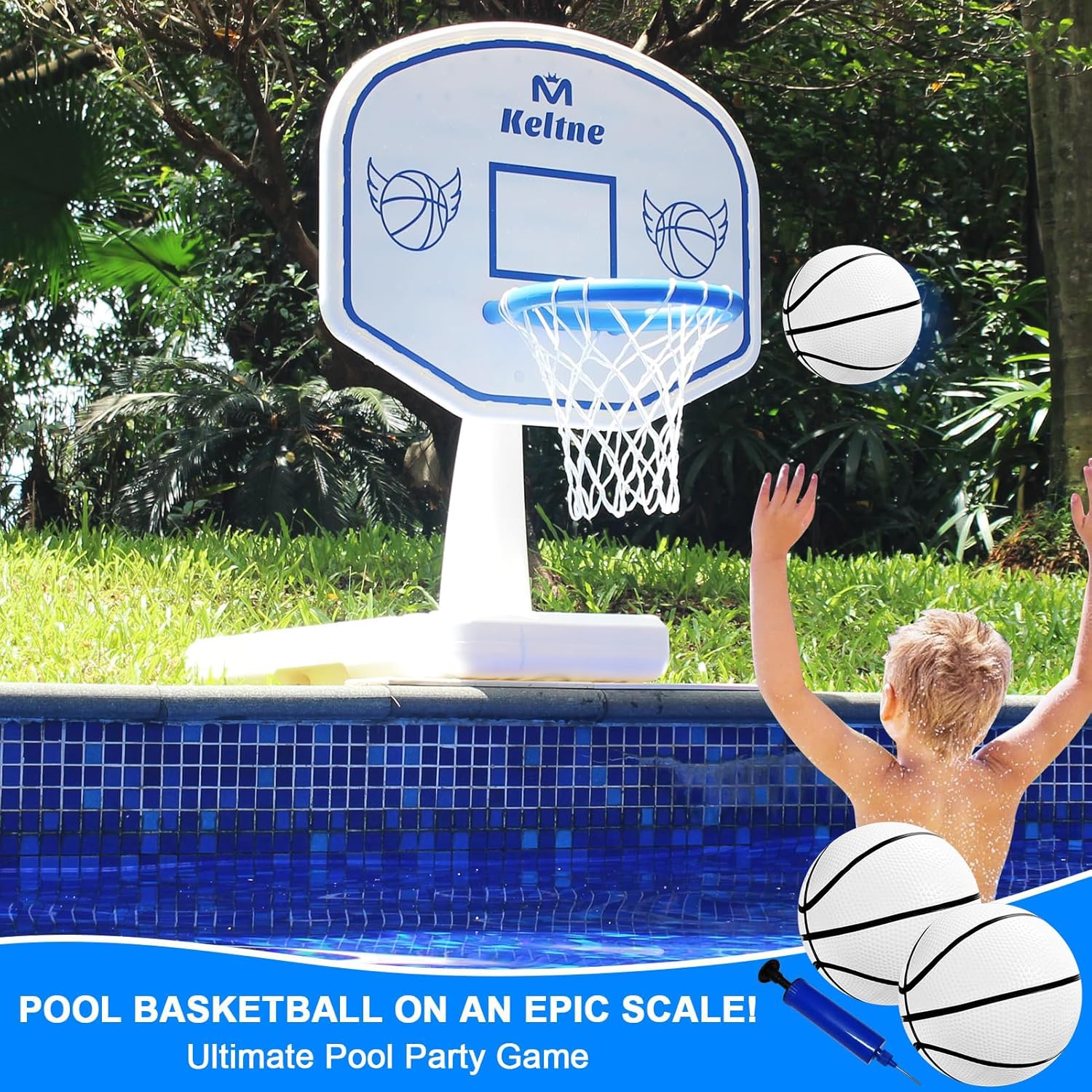 Pool Basketball Hoop, 34"x34"x42.2" Oversized Pool Toys with 2 Balls/Nets/Pump for Poolside Water Basketball Game, Pool Basketball Goal for Inround Pool & Deck - Swimming Pool Games for Kids Adults