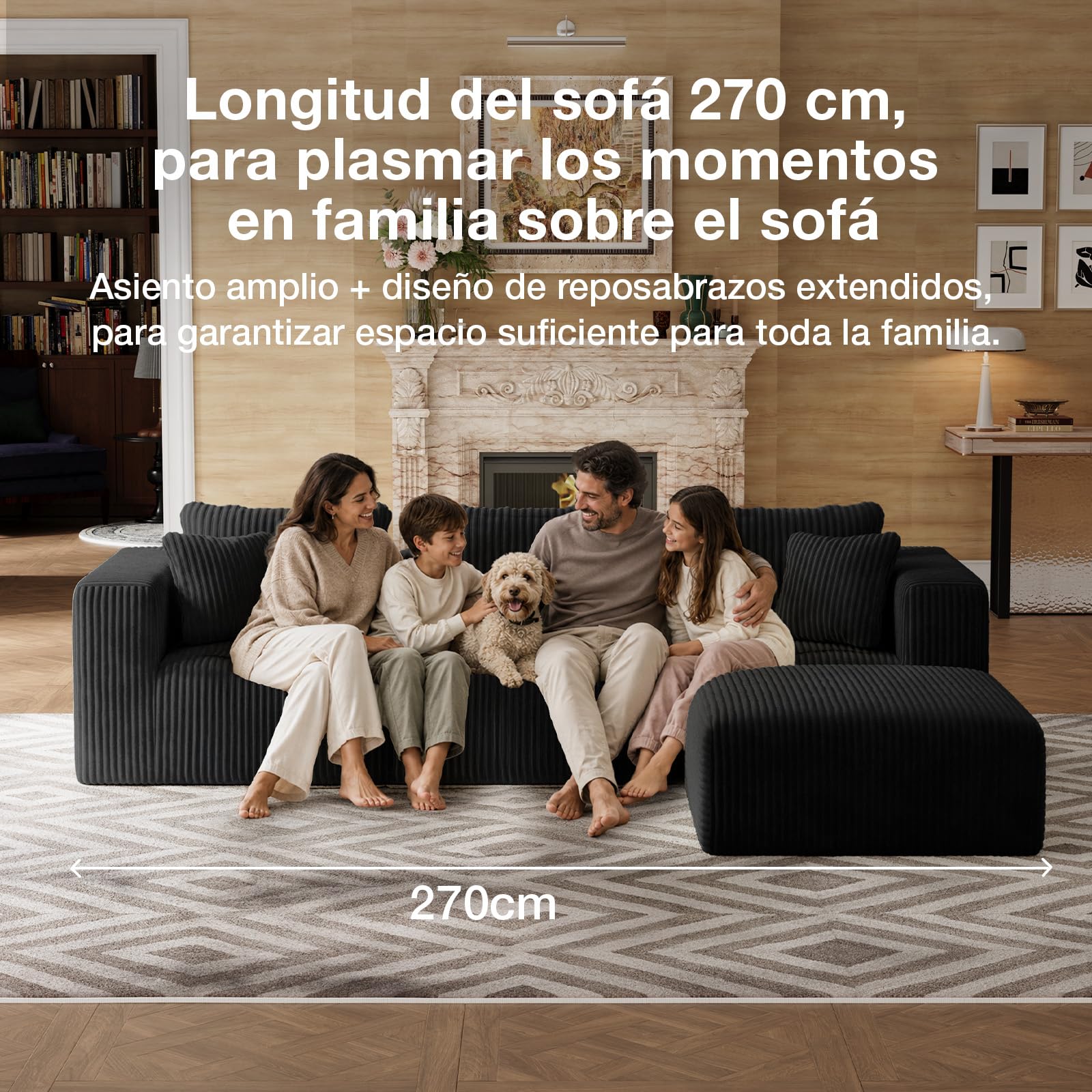 Novilla 270 cm Sofá Esquinero Modular Componible 3 Plazas en Terciopelo | Muelles Ensacados Smarts Coil®, Sin Montaje, Terciopelo Acanalado, 5 Cojines Incluidos