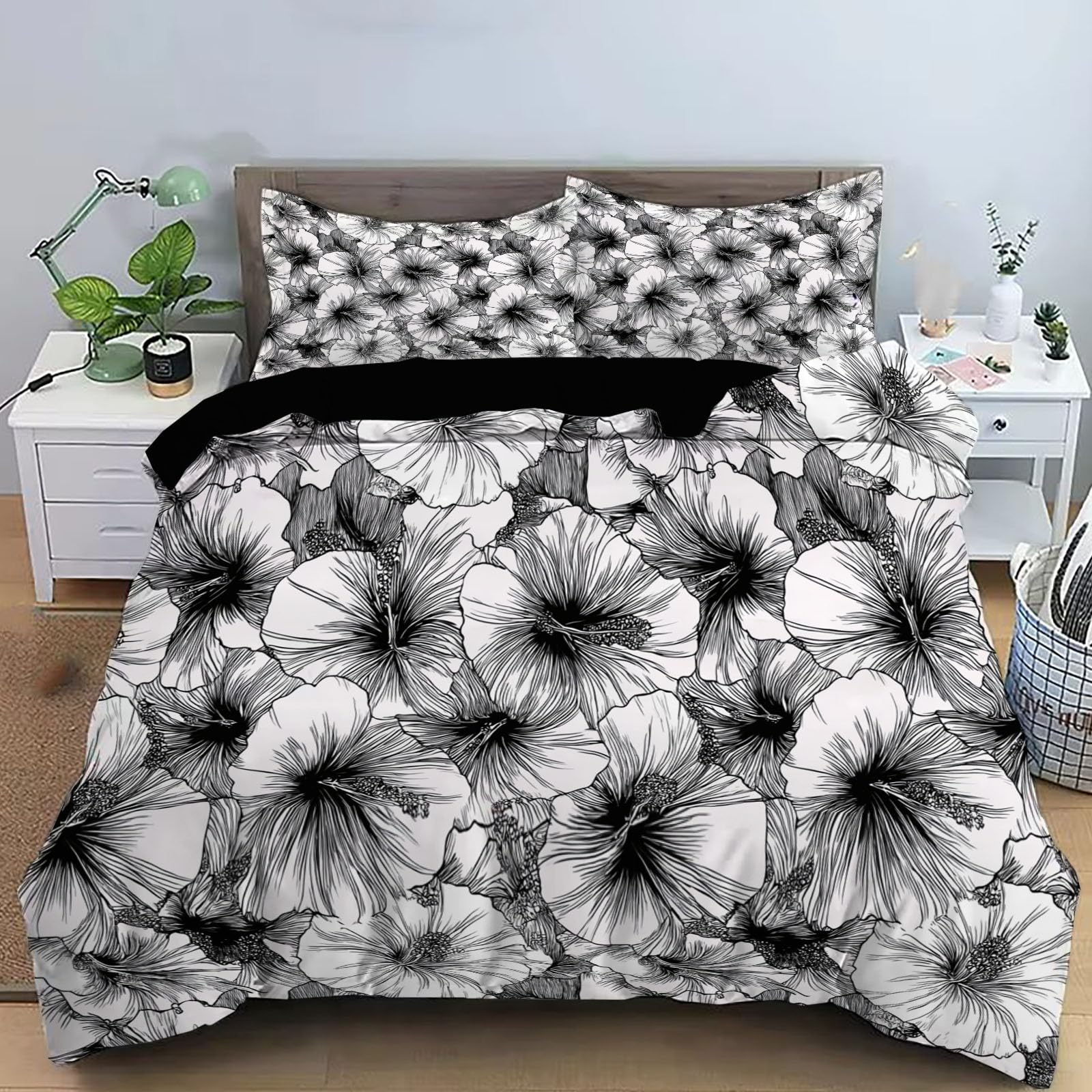 Housse de couette 200x200 fleurs d'hibiscus réversible avec 2 taies d'oreiller en microfibre douce