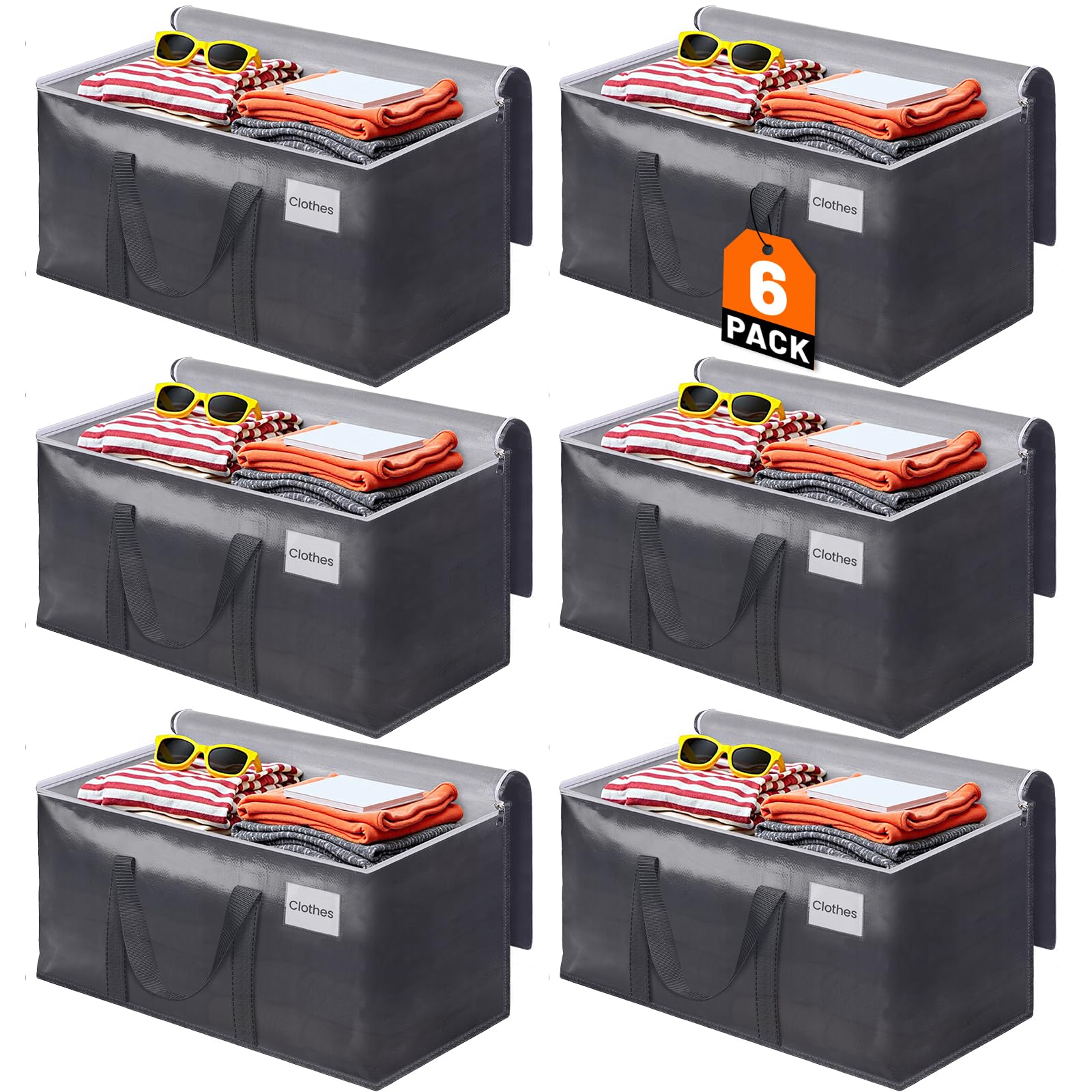 ElegantArray 6 Pack Moving Bags Heavy Duty, Moving Boxes, Storage Bags with Zipper & Handles & Tag for College & Dorm Moving Supplies Grey Laundry Hamper Bag, Foldable Space-saving Totes (93L, Grey)