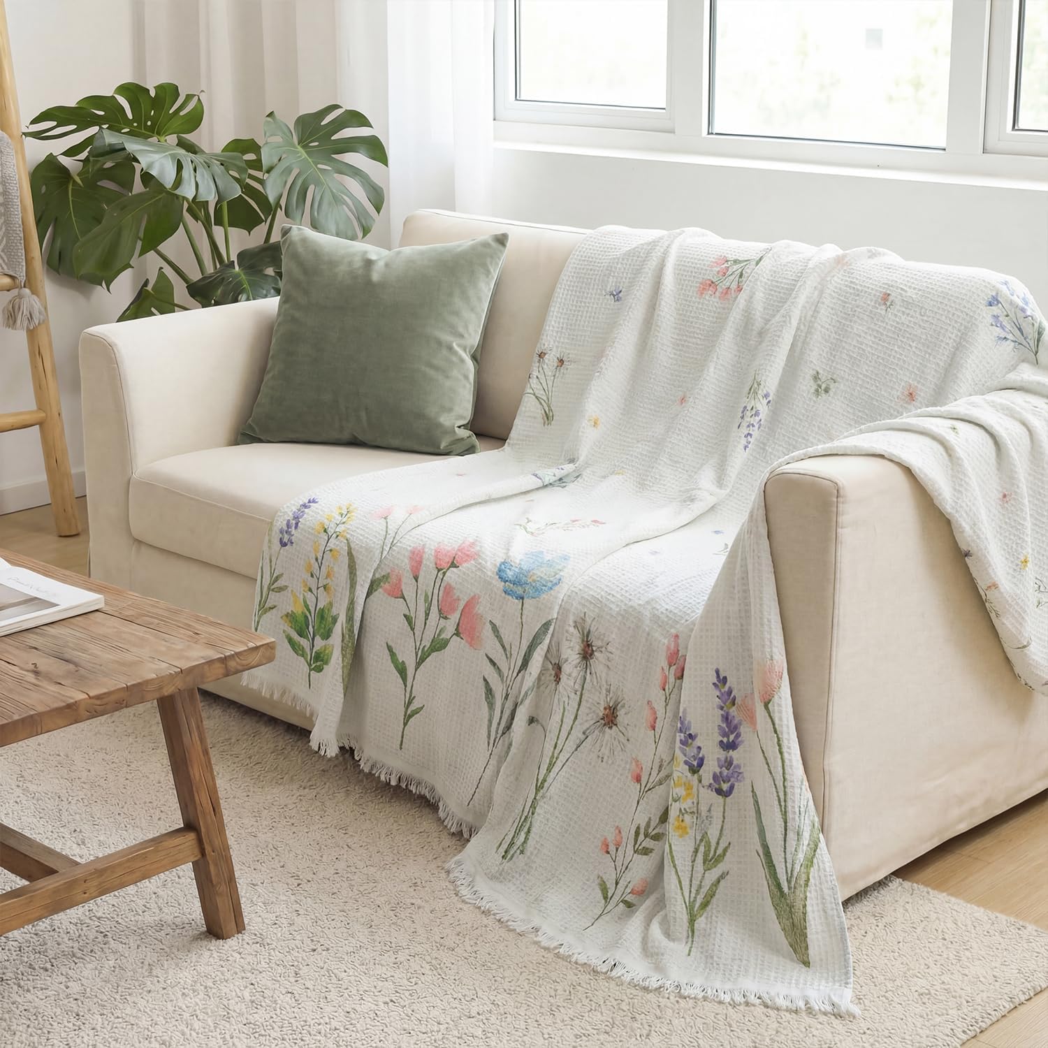 Horaldaily Spring Summer Waffle Couch Sofa Slip Cover, Watercolor Wild Blooming Floral Non Slip Washable Couch Sofa Cover for 2 Cushion Pet Friendly, Sectional L Shape Covers for Dogs, Kids,71"x118"