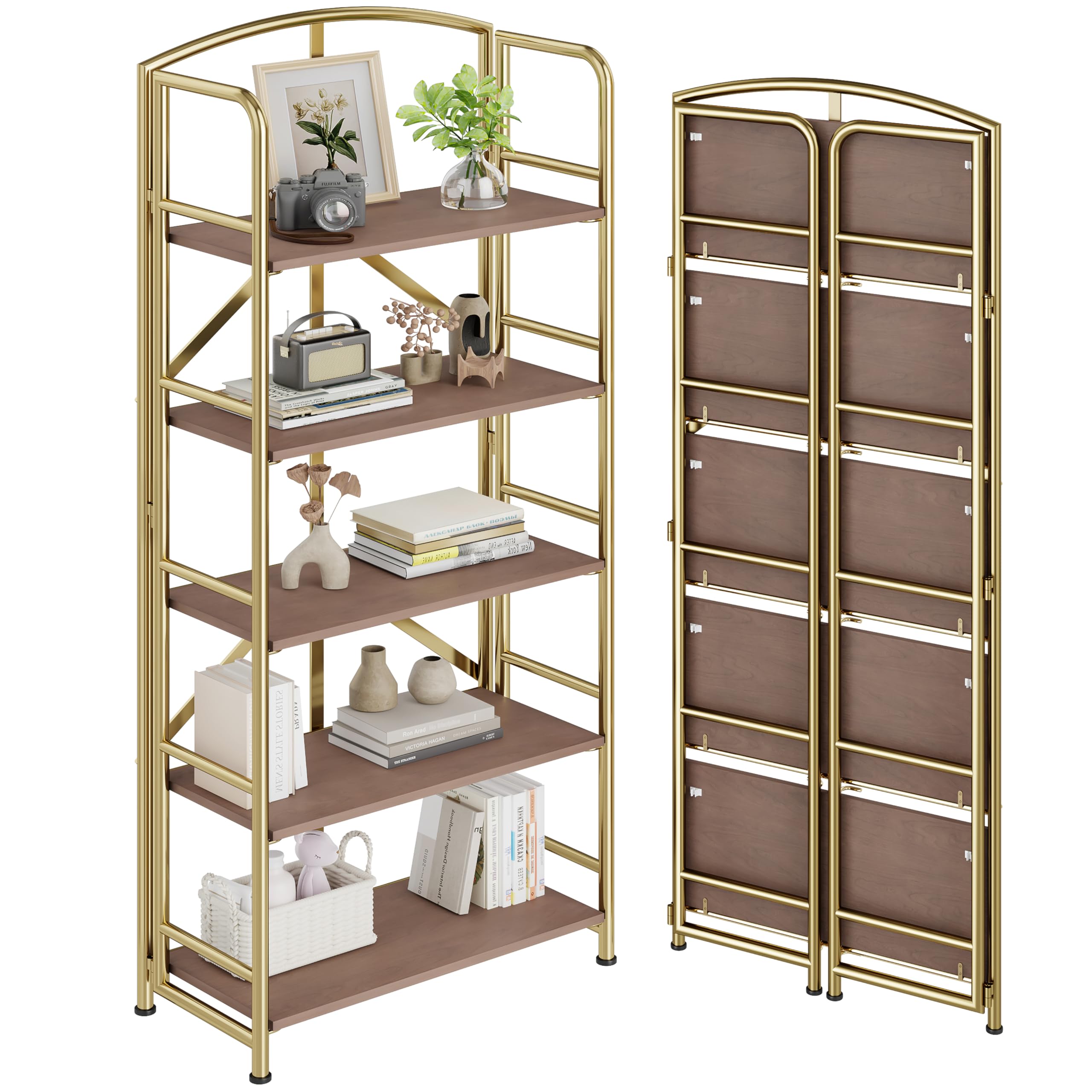 Photo 1 of THKKY No-Assembly Gold Folding Bookshelf Storage Shelves 5 Tiers Vintage Multifunctional Plant Flower Stand Storage Rack Shelves Bookcase for Home Office