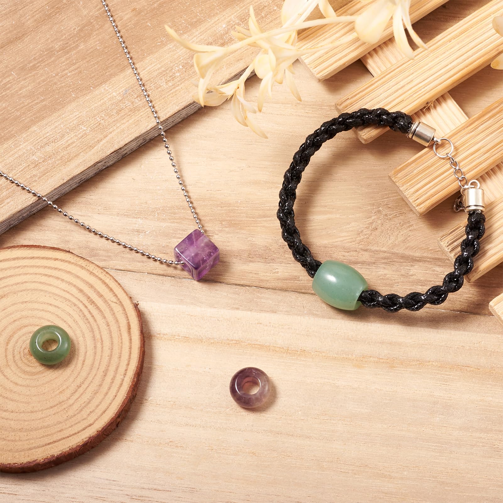 Crafans 9Pcs Natural Gemstone European Beads, Green Aventurine, Rose Quartz & Amethyst, Cube, Barrel & Rondelle Shapes - Image 2