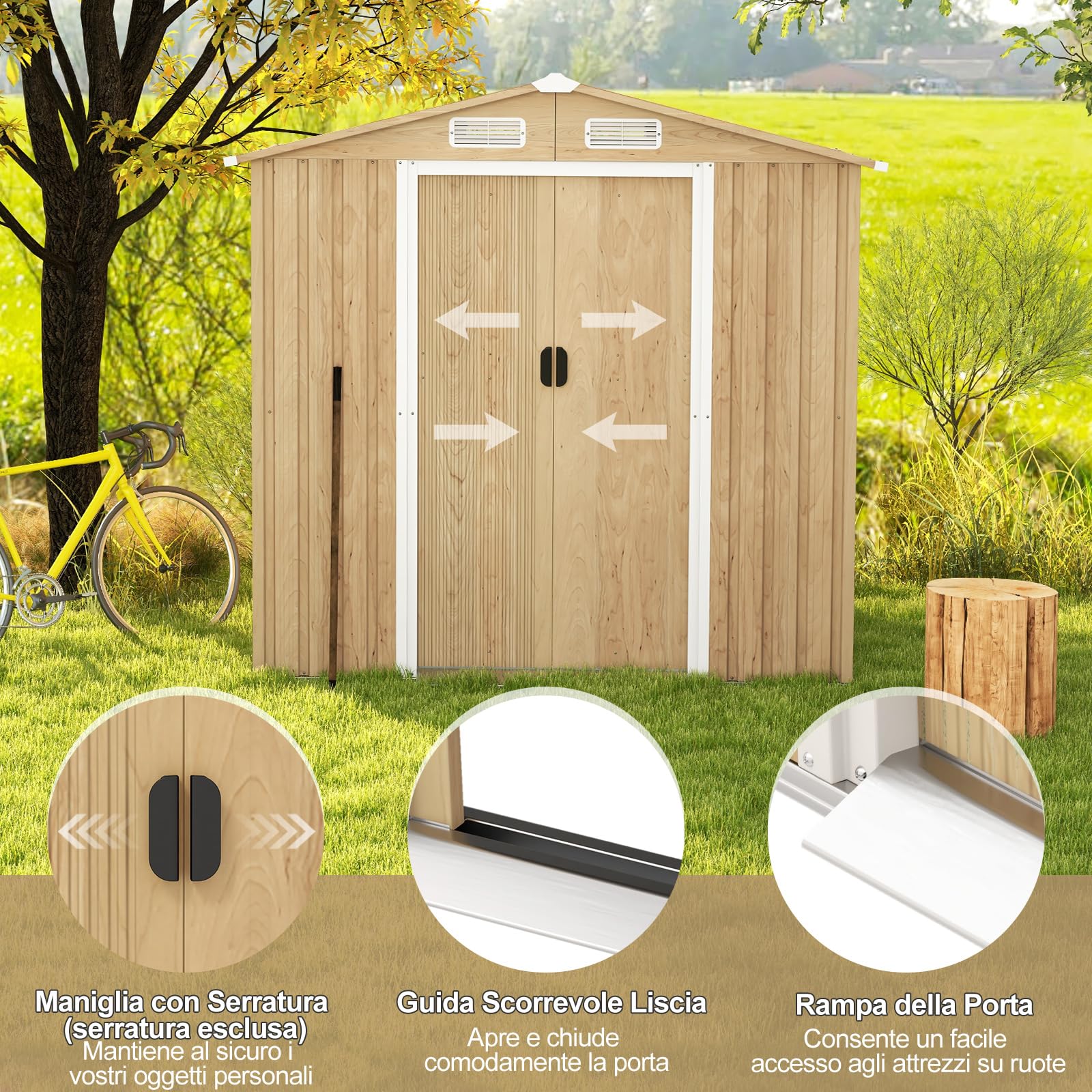 COSTWAY Casetta da Esterno 2,34㎡ Capanno Porta Attrezzi Lamiera Acciaio Zincata 196 x 142 x 186 cm