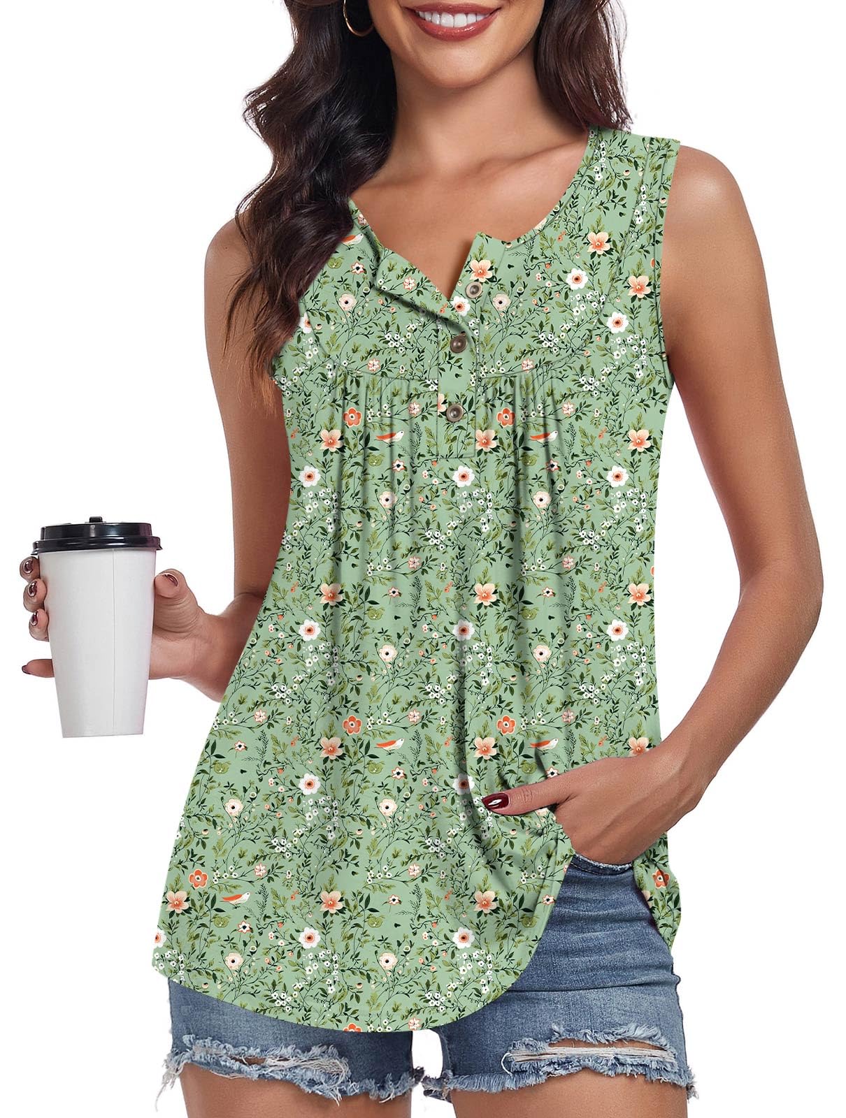 POPYOUNG Womens Summer Tank Tops Sleeveless Loose Fit Henley Button Down Shirts to Wear with Leggings Casual Pleated Blouse