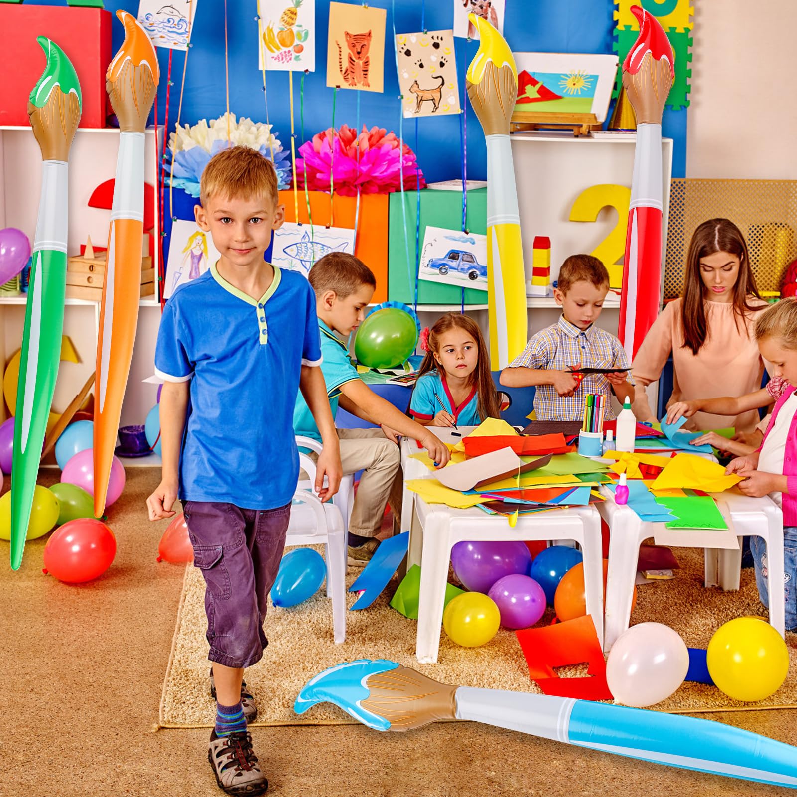 BOXOB 5szt Gigantycznych Nadmuchiwanych Pędzli Malowania, 105cm Nadmuchiwane Kolorowe Pędzle Zestaw Pędzli Malowania Balony Powrót Szkoły Klasa Urodziny Sztuka Malowanie Dekoracja Imprezy(5 Kolorów)