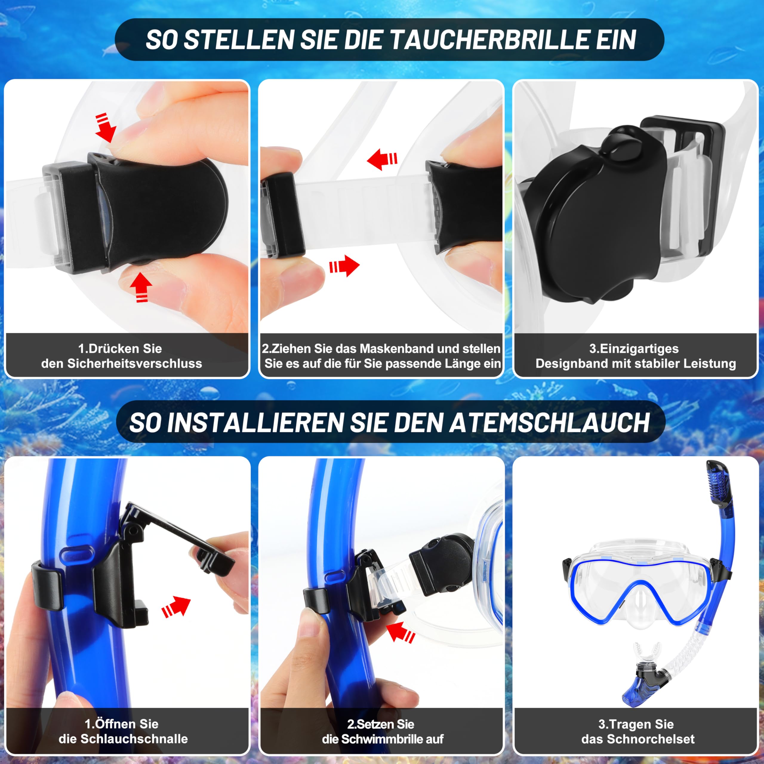 IEEILULU zestaw do snorkelingu dla dorosłych, 7-częściowy sprzęt do snorkelingu z goglami do nurkowania, płetwami, suchą fajką do nurkowania (Blue, S/M)