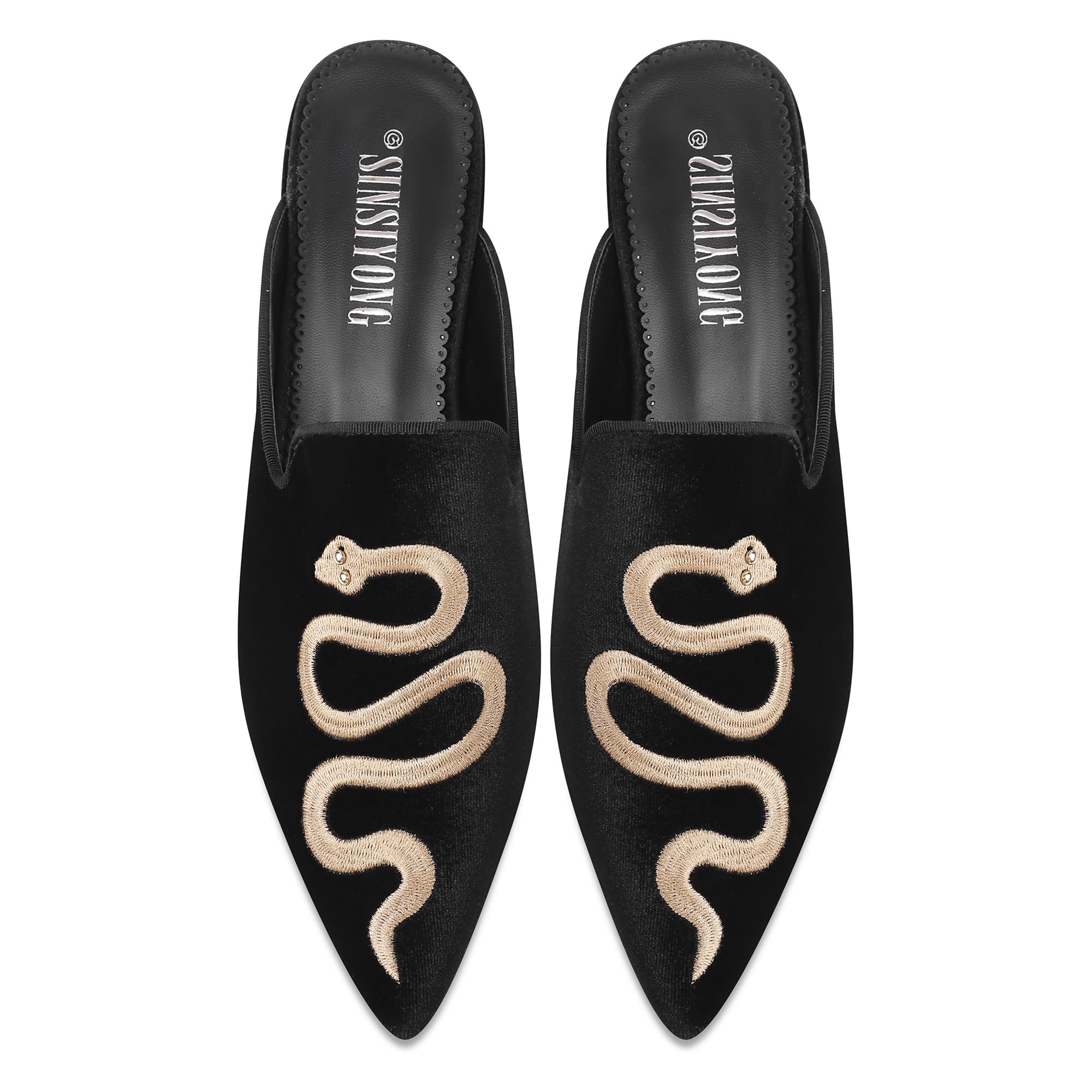 Embroidered Mules for Women Pointed Toe Backless Velvet Flats with Snake Pattern-image-43