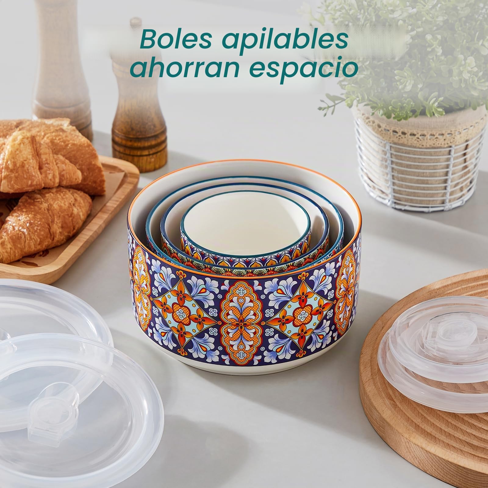 vancasso Juego de 4 Cuencos con Tapas de Porcelana - 300ml/600ml/1080ml/1800ml - Para Pasta, Ensaladas, Sopa y Almacenamiento, Apto para Microondas, Horno y Lavavajillas - Estilo Bohemio