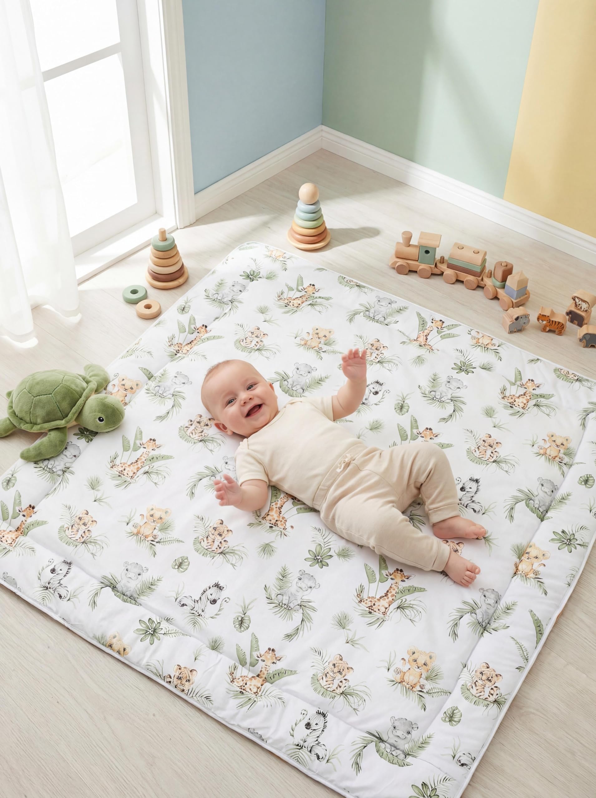 TupTam Krabbeldecke für Baby 120x120 cm - Gepolsterte Spieldecke Baby Baumwolle, XXL, OEKO-TEX, Weich & Hautfreundlich, Farbe: Safari/Löwe/Braun/Blätter/Grün - 3