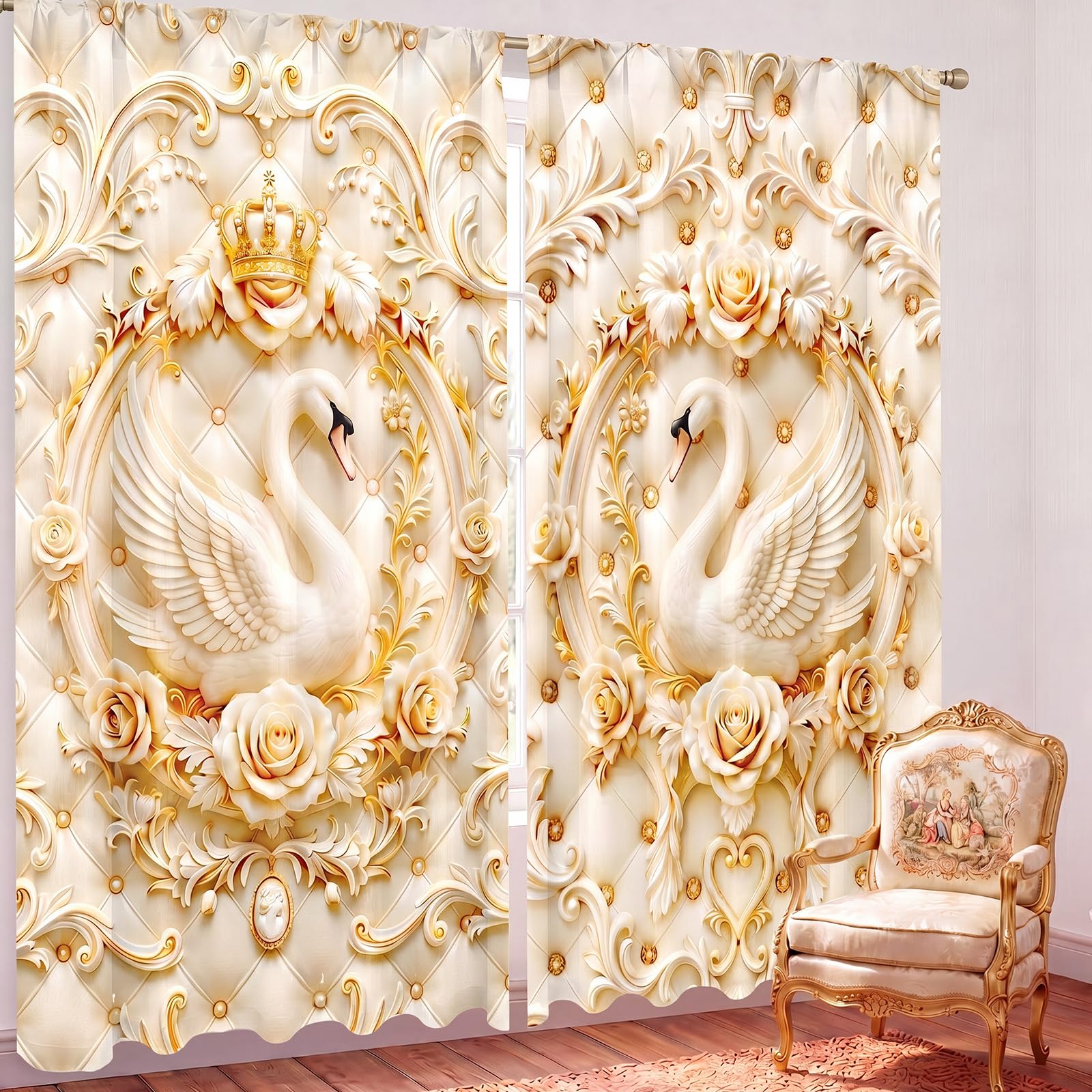 SmoothNovelty 2 Pcs Swan Reliefs Curtains for Living Room Luxury Gold Swan
