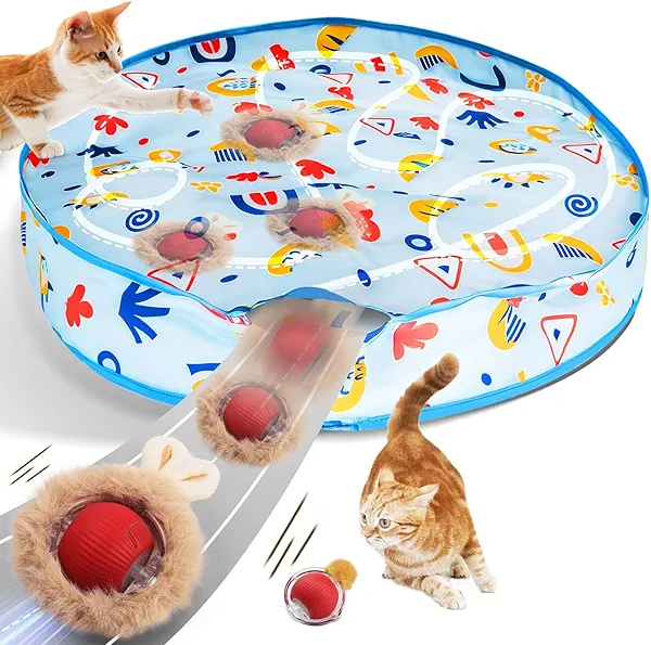UNAQO Interactive Cat Toys, Fast Rolling Ball in Play Mat, Automatic Motion Activated Moving Ball Hide and Seek Game for Indoor Exercise Kicker, 28 Inch Play Mat
