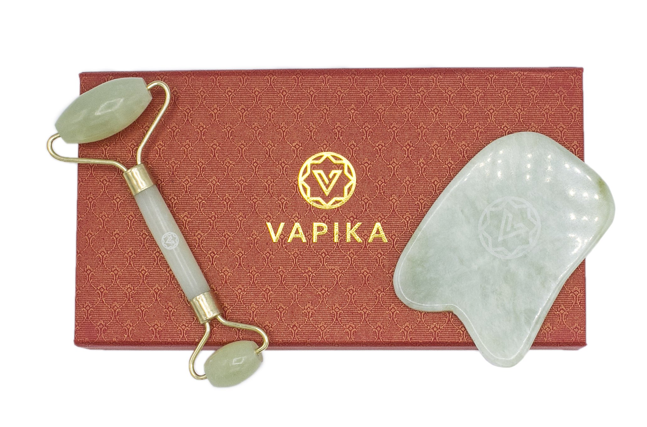 Vapika Jade Roller and Gua Sha Scraping Massage Tool Set for Face and Body Anti Aging, Rejuvenation, Beauty and Healing Therapy 100% Natural and Authentic Stone + Beautiful Protective Box