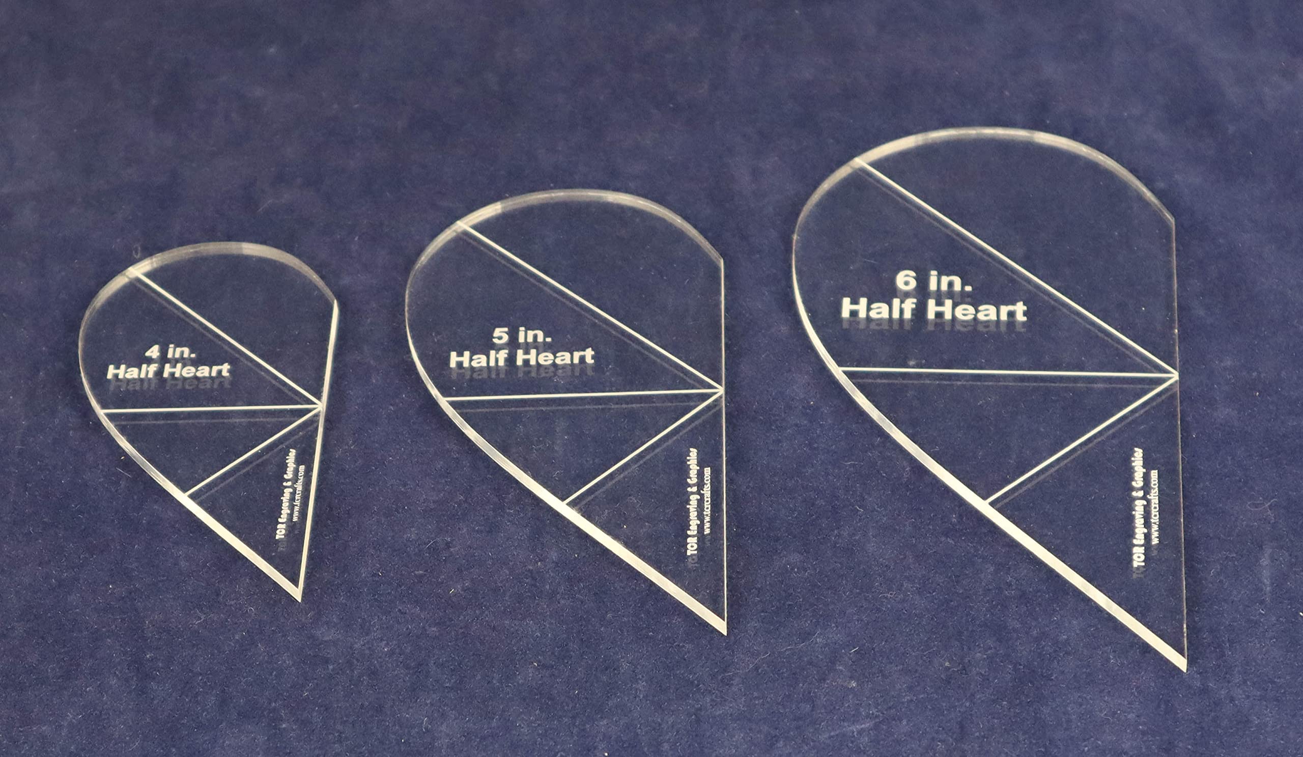 3 Piece Half Heart (4,5,6) Quilting and Sewing Template Set 1/8 Inch Clear Acrylic