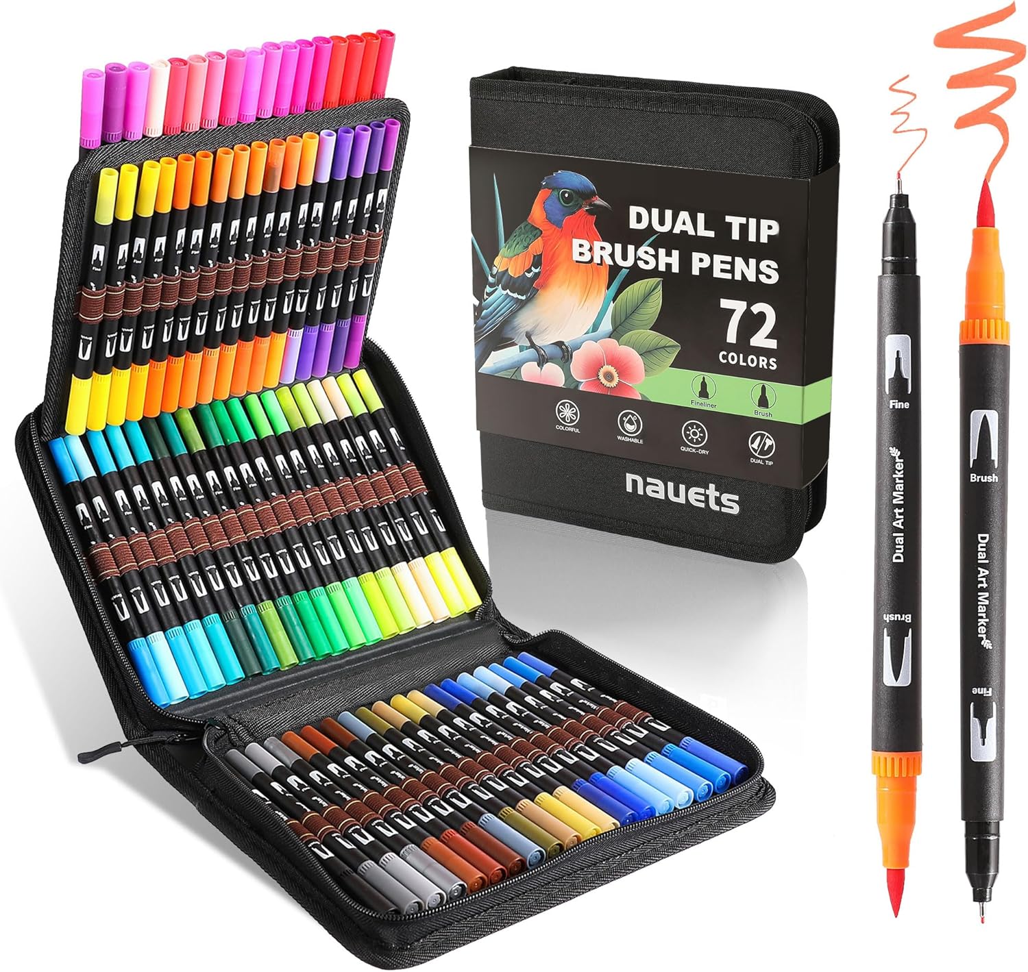 nauets 72 Colors Brush & Fine Dual Tip Watercolor Markers Set for Kids Adults Coloring Books No Bleeding Paint Pens For Drawing Note taking Planner Calligraphy Journaling Card Making Art Supplies