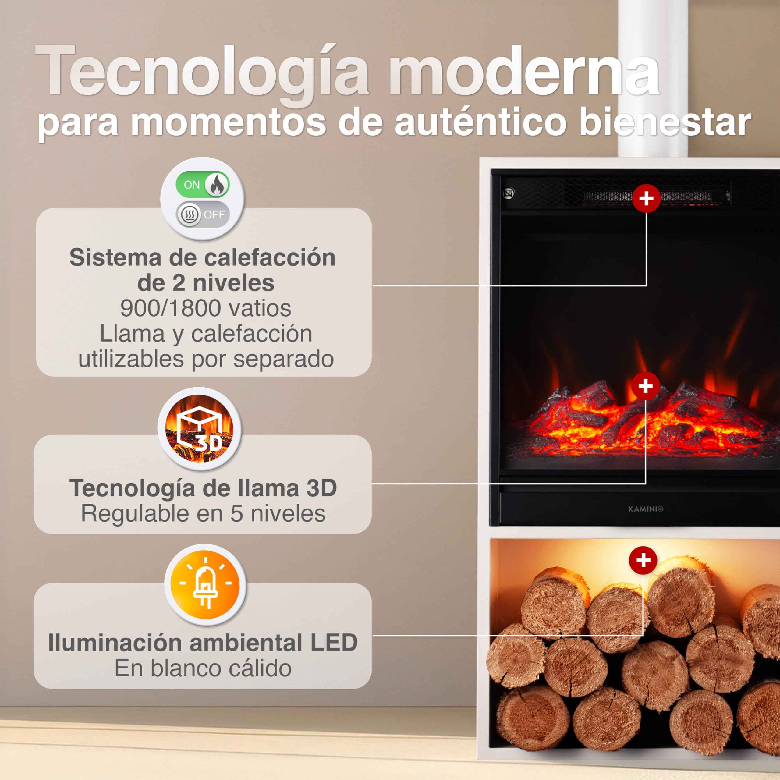 KAMINIO Chimenea eléctrica Hugo con Tubo de Chimenea - Estufa de Chimenea con calefacción, Efecto Llama 3D, Luz Ambiental LED, Compartimento de Madera, Control Remoto (Blanco)