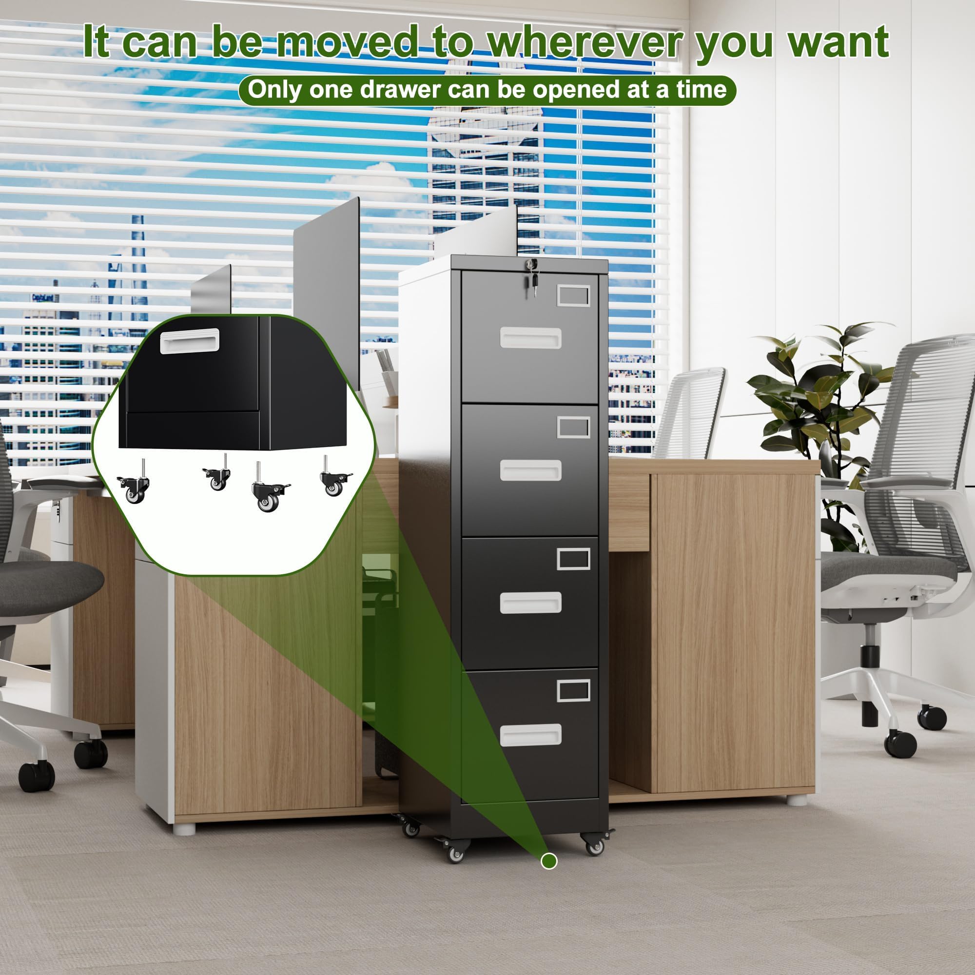 Aobabo 4 Drawer File Cabinet with Wheels, Lockable Metal Filing Cabinet with Name Card for Office and Home,Assembly Required,Black