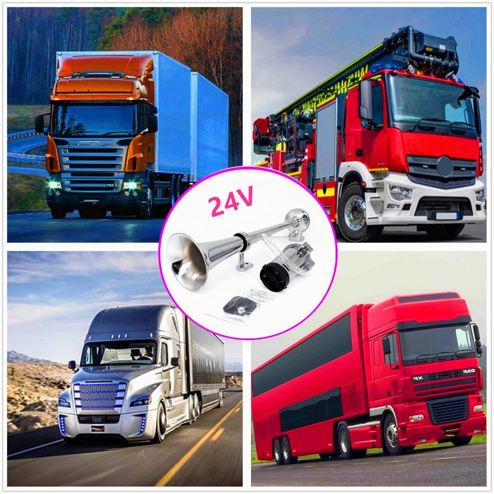 Klaxon d'air de voiture Car Horn 150DB Klaxon de voiture 24V Klaxon de camion 18 pouces Chrome Zinc trompette simple argent Klaxon de pompe à air Horn pour 24V Car Train voiture Bateau ect