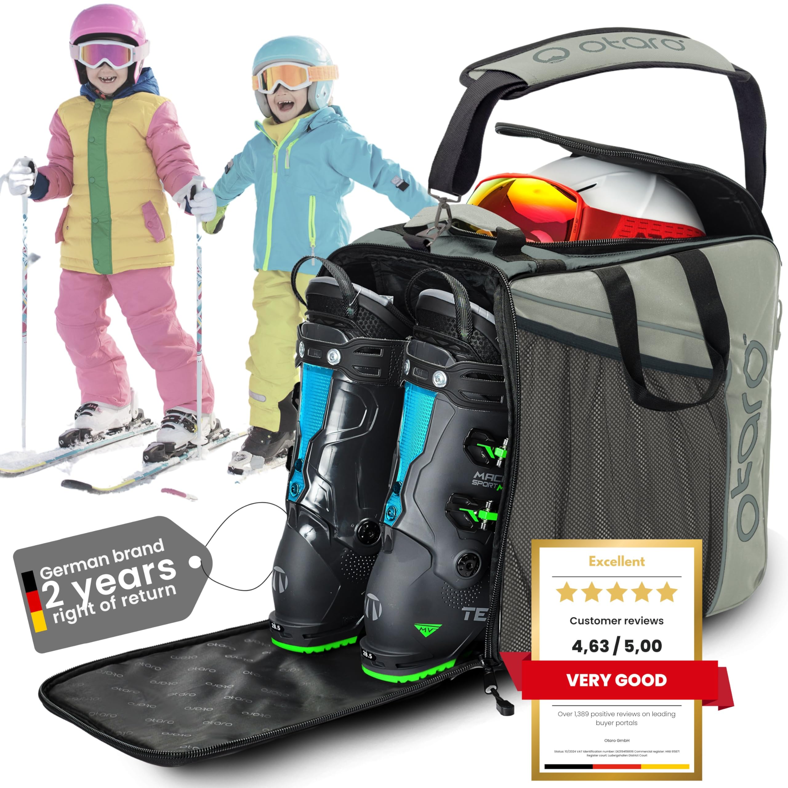 Otaro Sac à Chaussures de Ski pour Enfants avec Compartiment pour Casque (Enfants | 27 L | Gris) Sac de Ski Premium pour Chaussures |