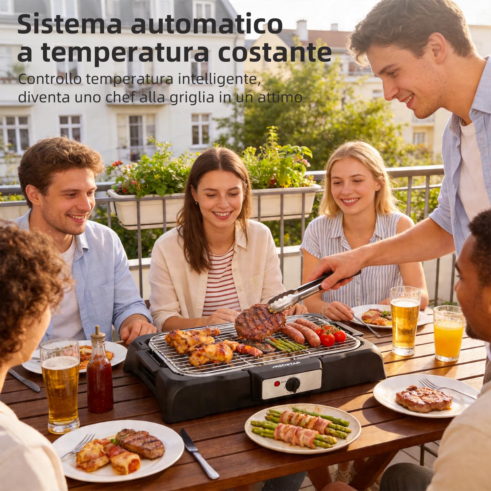 Aigostar Griglia Barbecue Elettrica da Tavolo, Griglia per Feste, Termostato Regolabile, Cottura Lenta e Rapida, Potenza 2000 W, Nero