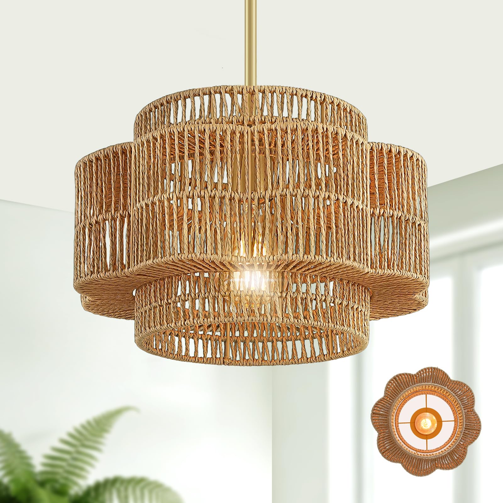 Photo 1 of Yoedivu 13" Boho Rattan Chandelier - 1-Light Petal-Shaped Pendant Light, Hand Woven Rattan Hanging Light Fixture, Small Farmhouse Rustic Chandelier for Dining Room, Living Room, Kitchen, Foyer