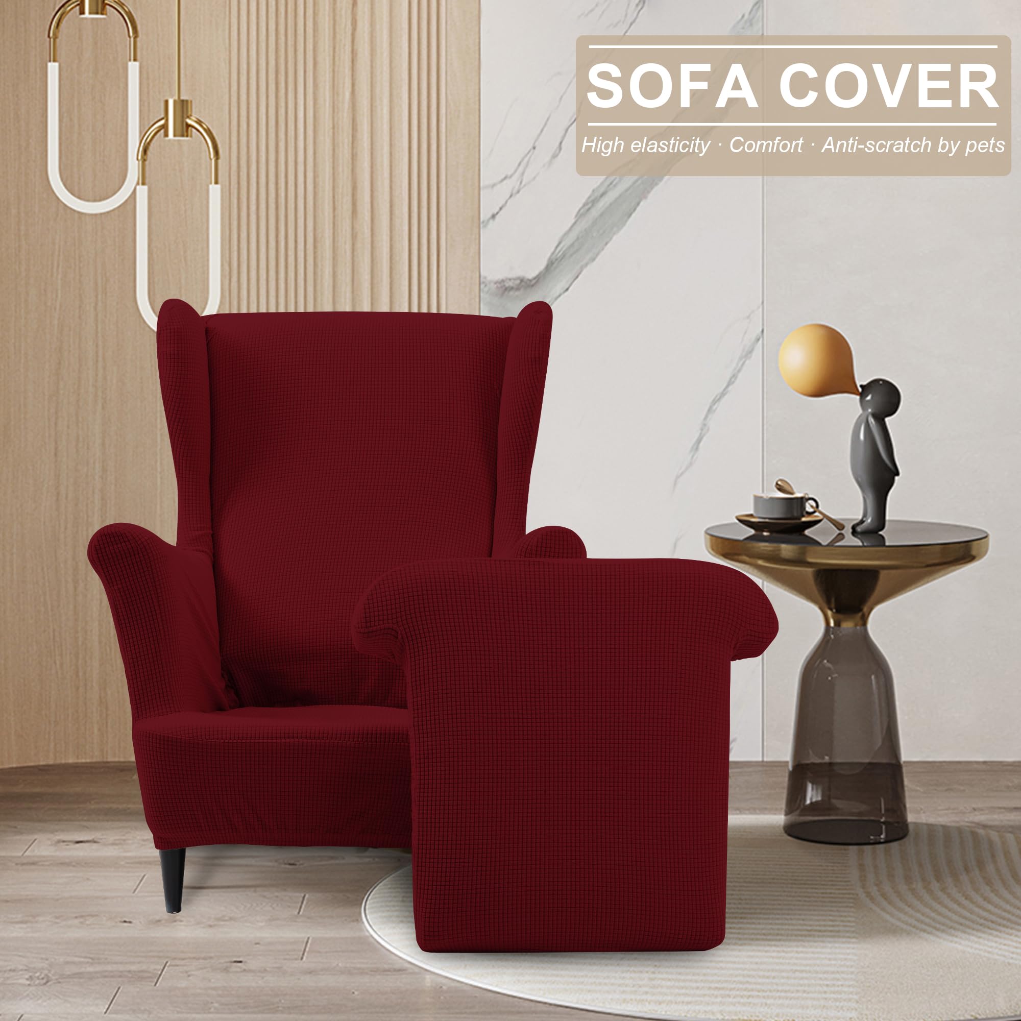 2 Pezzi Copripoltrona Con Orecchie GEBIN – Fodera Elastica Jacquard Per Sedia Wingback, Antiscivolo, Verde Acqua - 2