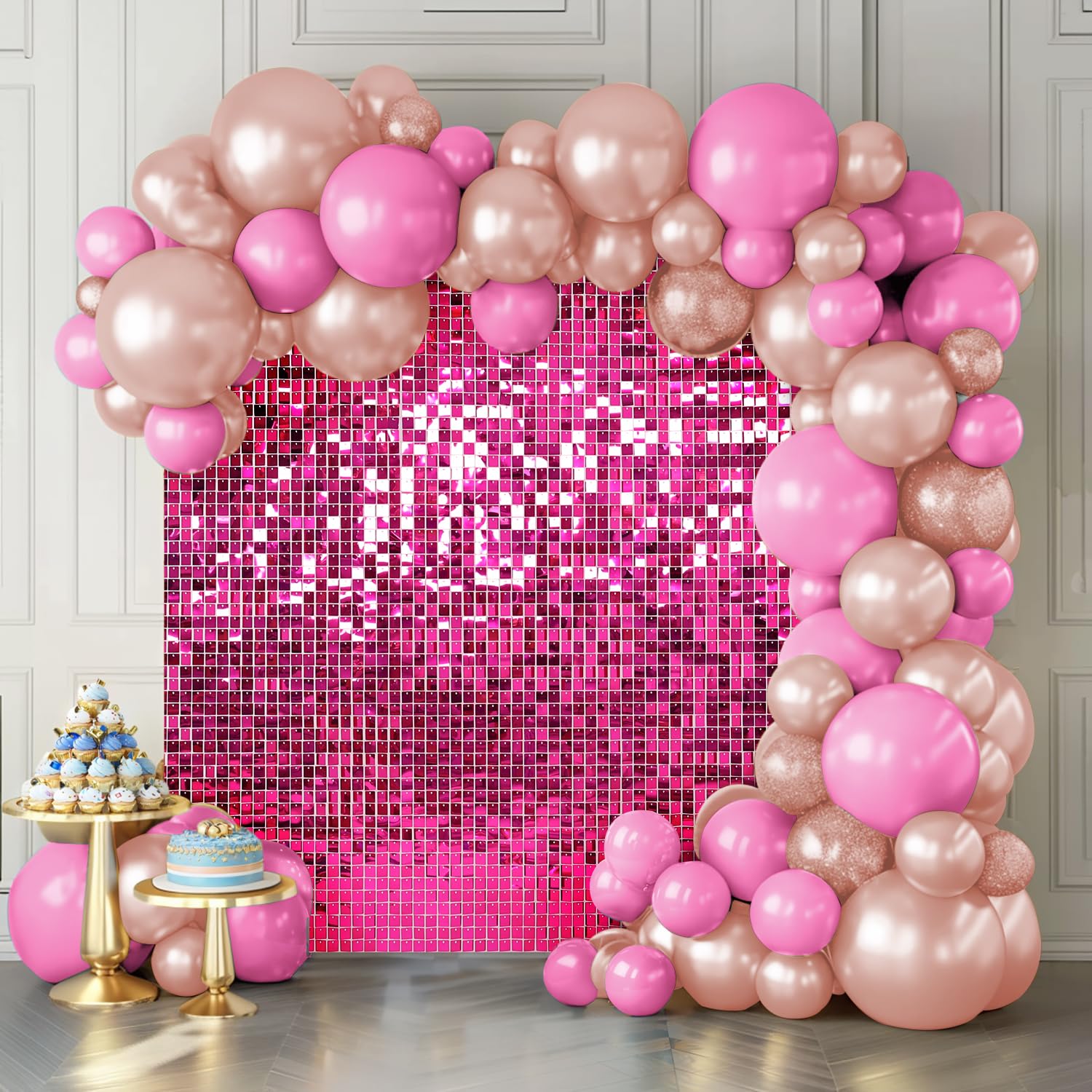 Shimmer Wall Backdrop Hot Pink Wall Panels 12Pcs Square Sequin Shimmer Wall Backdrop Decoration for Birthday Party,Wedding, Anniversary