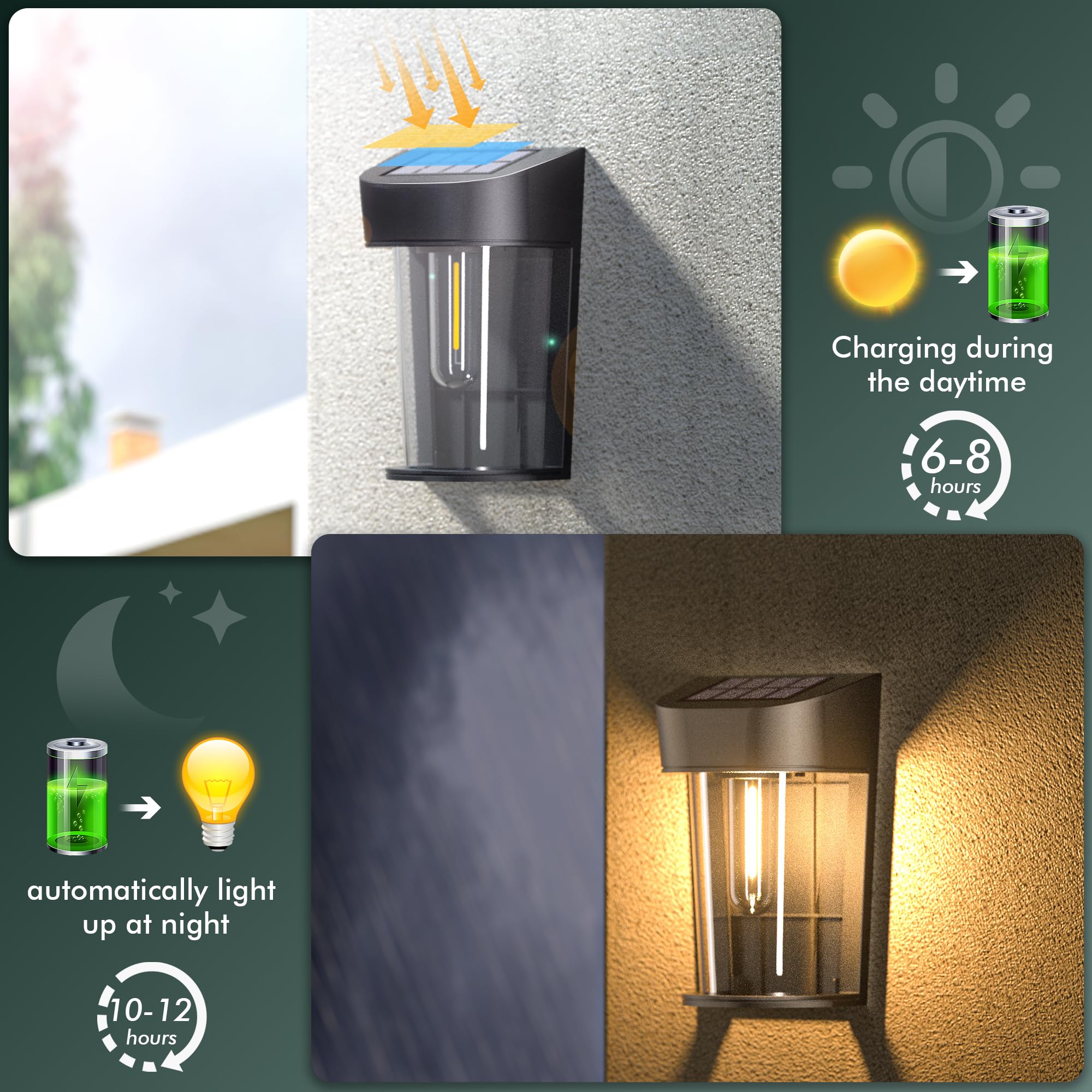 Quntis Solar Fence Lights, 4 Pack Solar Wall Lights Outdoor Garden, Waterproof Decorative Light - Image 2