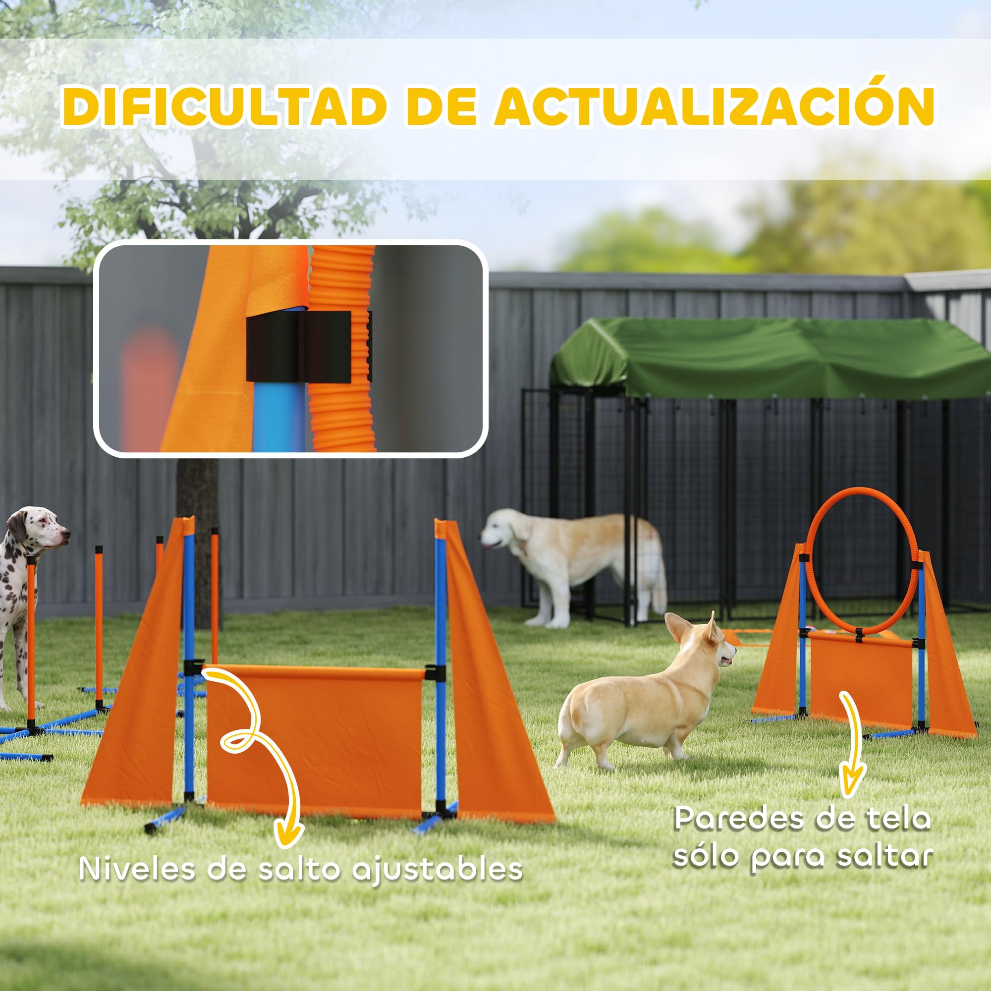 PawHut Set de Entrenamiento de Agilidad para Perros de 6 Piezas, Juego de Agilidad para Perros con Piquetes para Slalom, Valla, Zona de Reposo, Pelotas, Anillo de Salto, Naranja