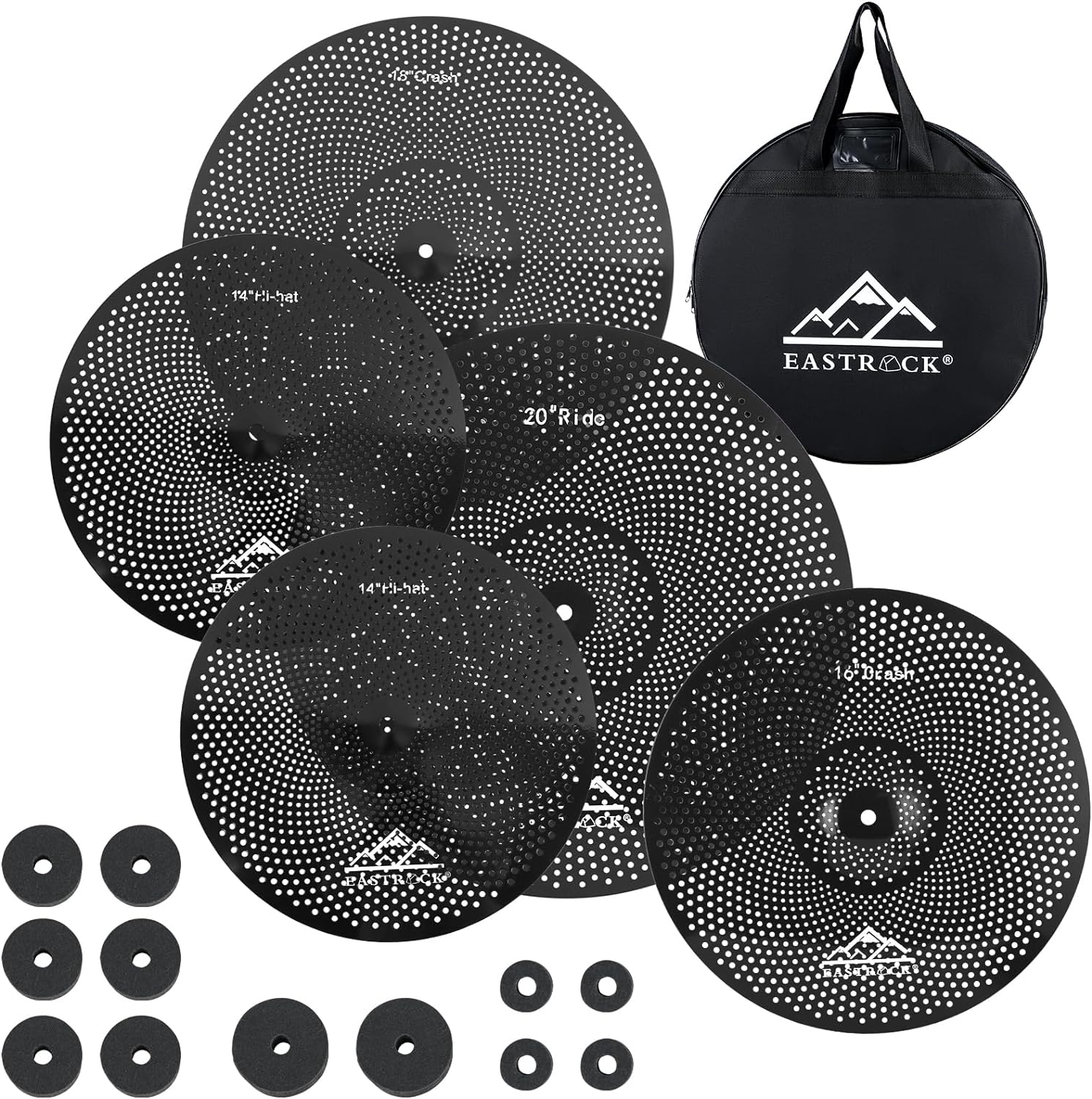 EASTROCK Low Volume Cymbal Pack - 5 Piece Set With Cymbal Bag, Felts - 14" Hi-hat, 16" & 18" Crash, 20" Ride (Black)