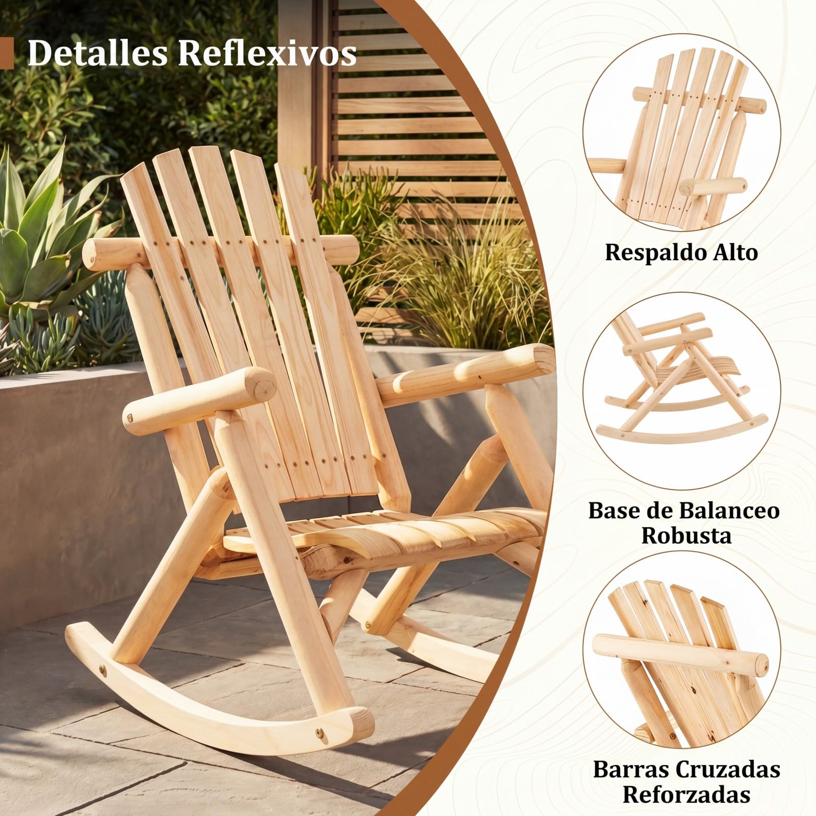 COSTWAY Silla Mecedora Adirondack, Mecedora de Madera Maciza con Asiento Curvado y Respaldo Alto, Mueble Balancín de Exterior Jardín Porche Terraza, Carga 150 kg, 99 x 68 x 99 cm