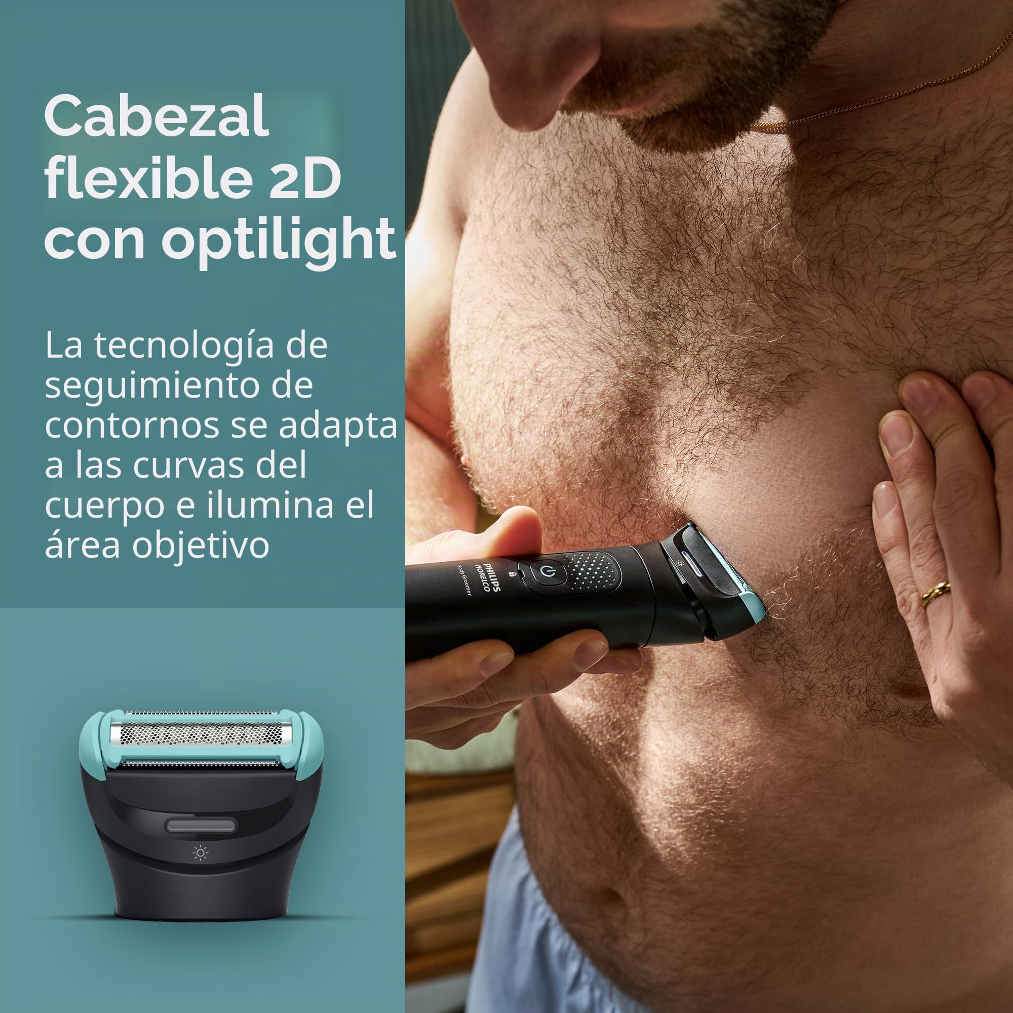 Philips Norelco Body Groomer Serie 7000, peluquero de cuerpo entero para hombre, cabezal flexible 2D que sigue el contorno, sistema de afeitado de triple protección y recortador de pelo corporal
